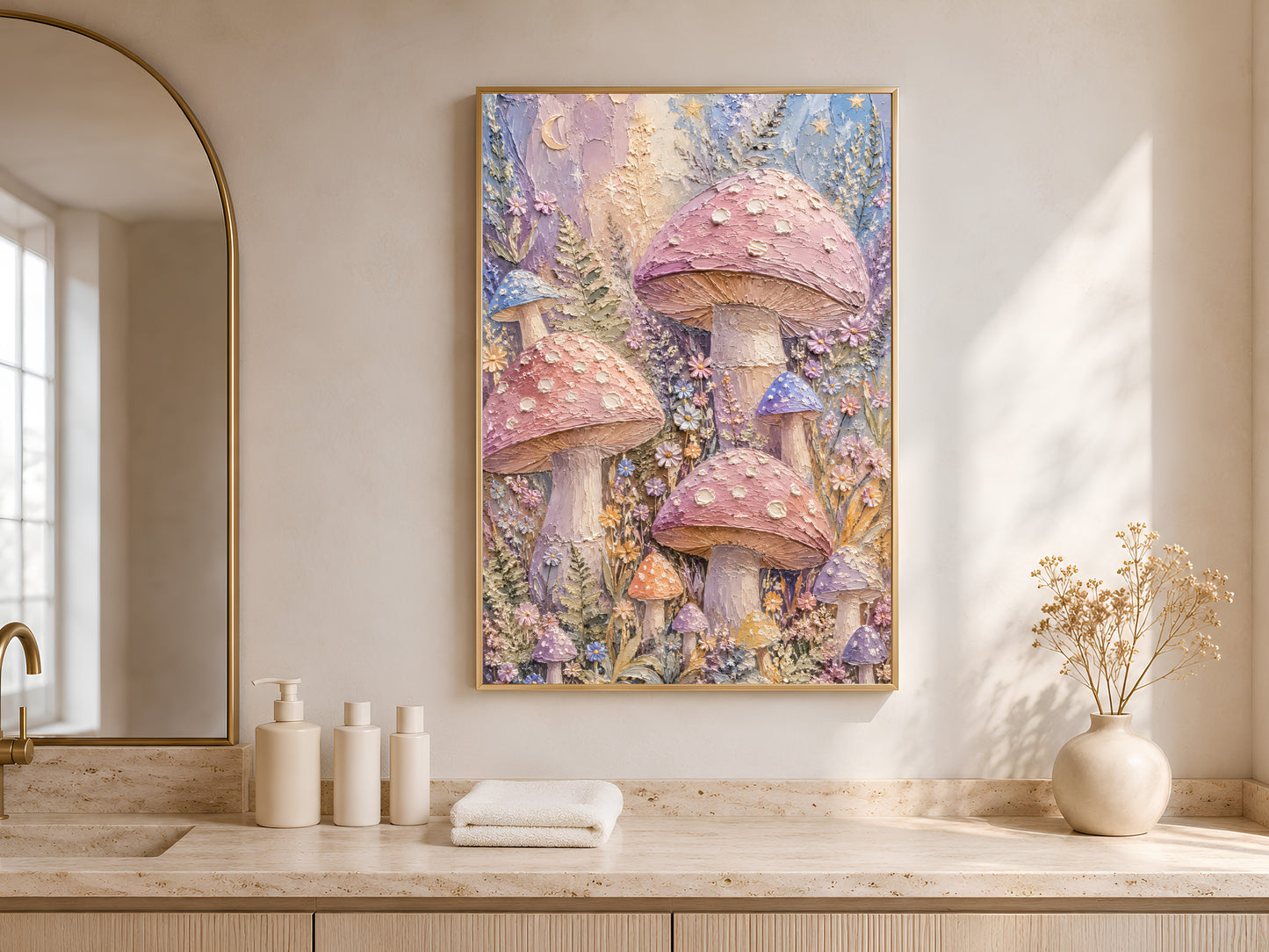 Pastel mushroom wall art in gold frame in bright entryway with arched window and white ceramic vases
