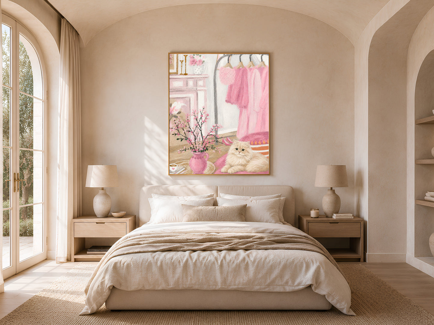 Pink Parisian bedroom illustration framed in a bedroom with arched alcove and neutral bedding
