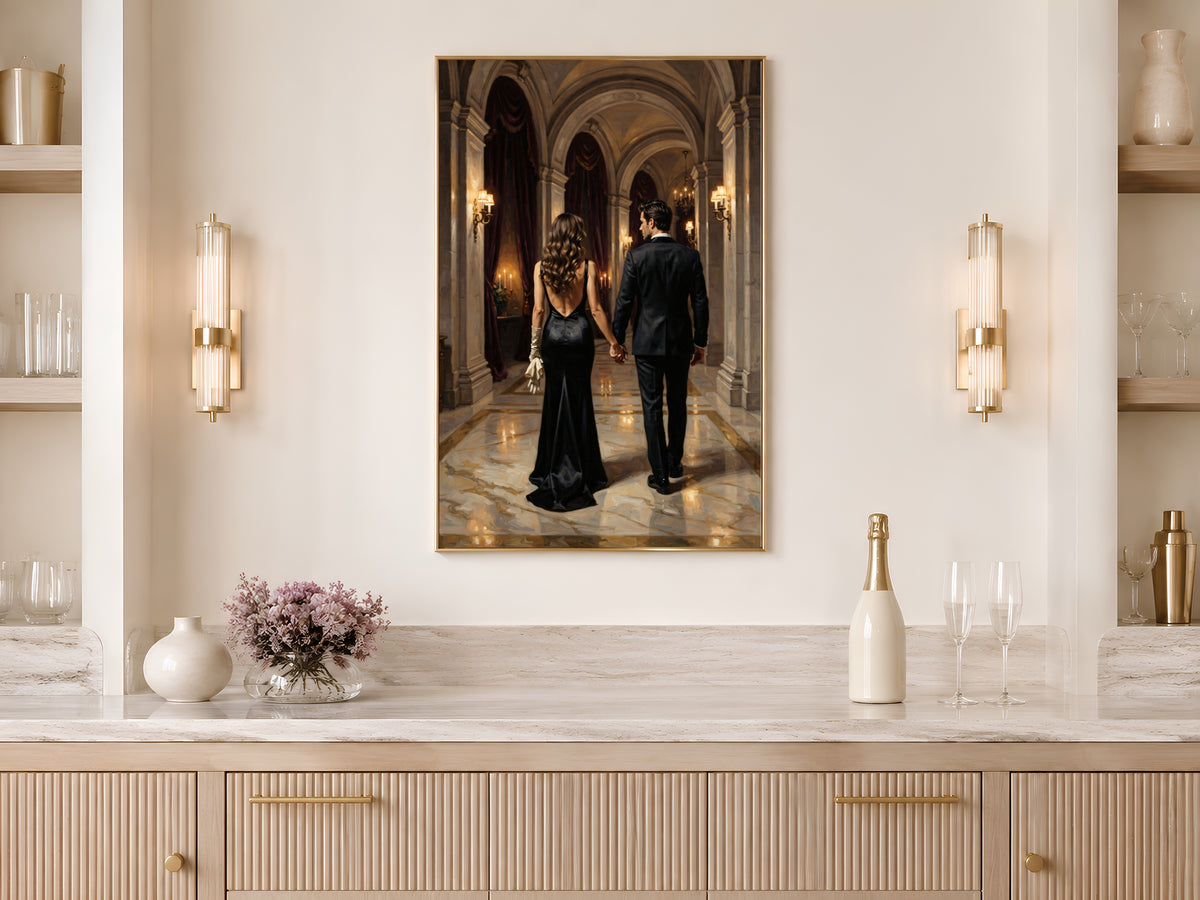 Dark Academia Couple Wall Art, Elegant Gala Hallway Oil Painting Print - Digital Download