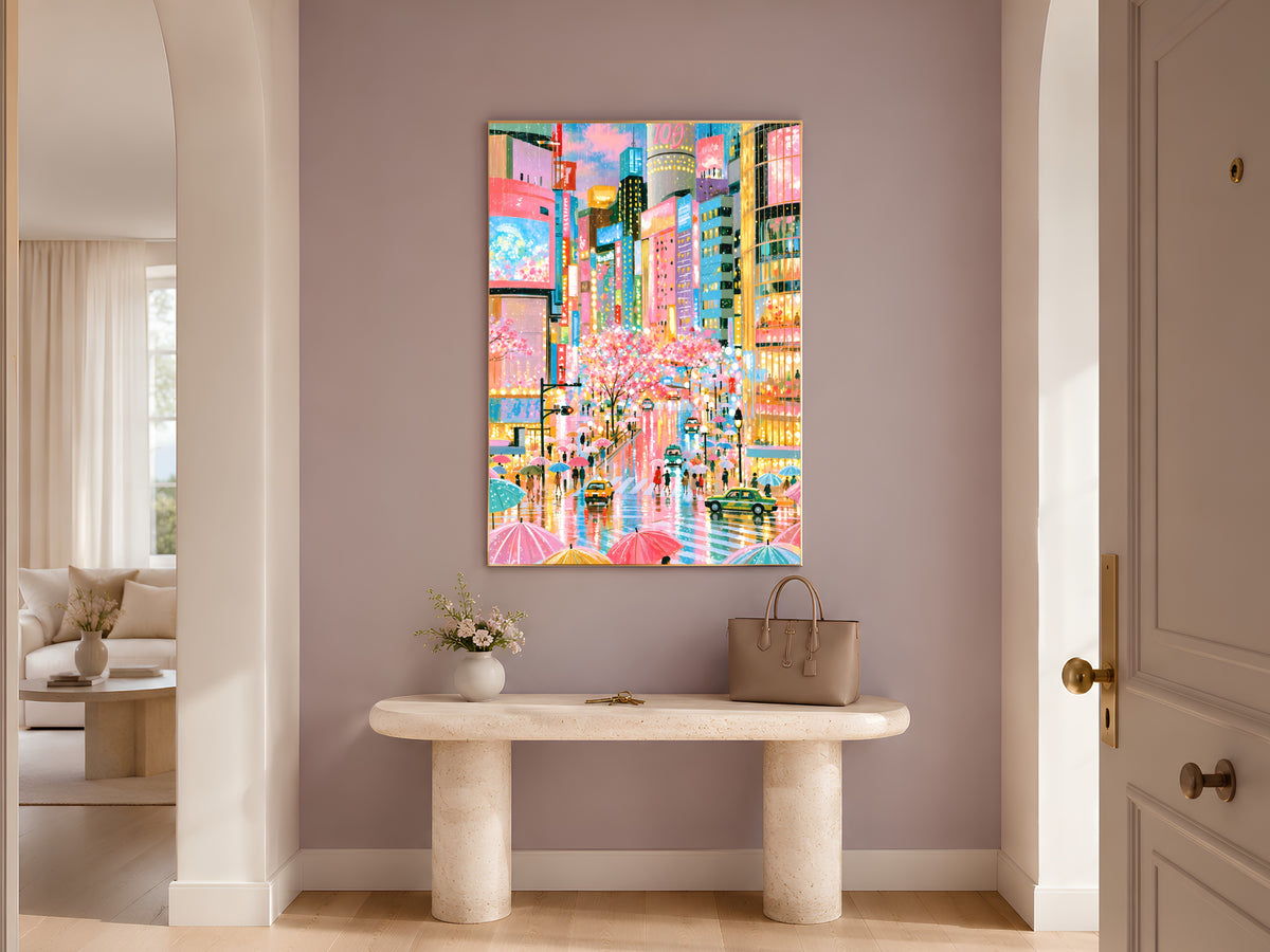Tokyo Rain Cherry Blossom Wall Art, Pastel Shibuya Street Painting, Pink Japan City Print, Printable Digital Download