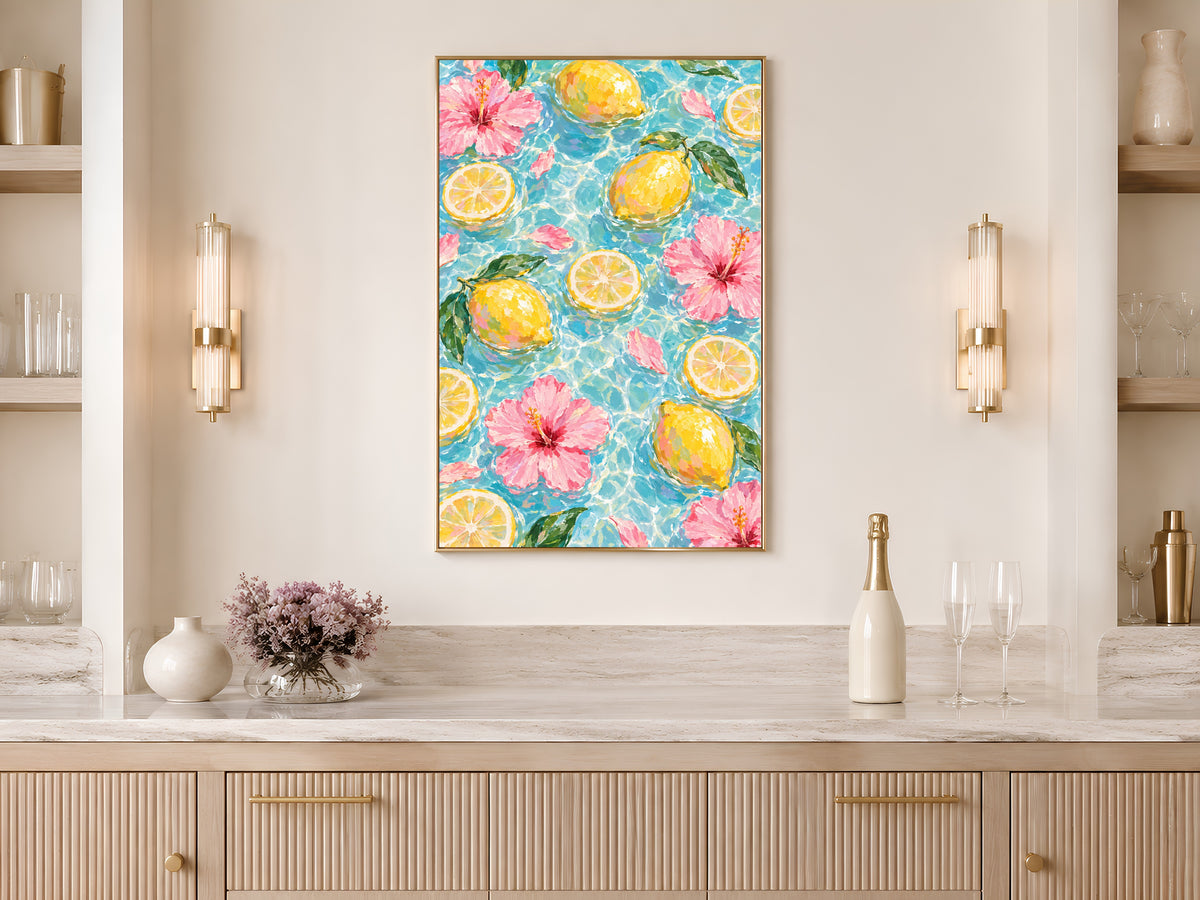 Lemon Hibiscus Pool Art Print, Amalfi Summer Wall Art - Digital Download