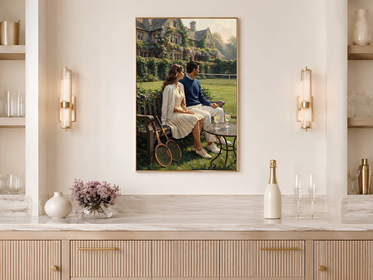 Old Money Tennis Couple Wall Art, Vintage English Countryside Oil Painting Print - Digital Download