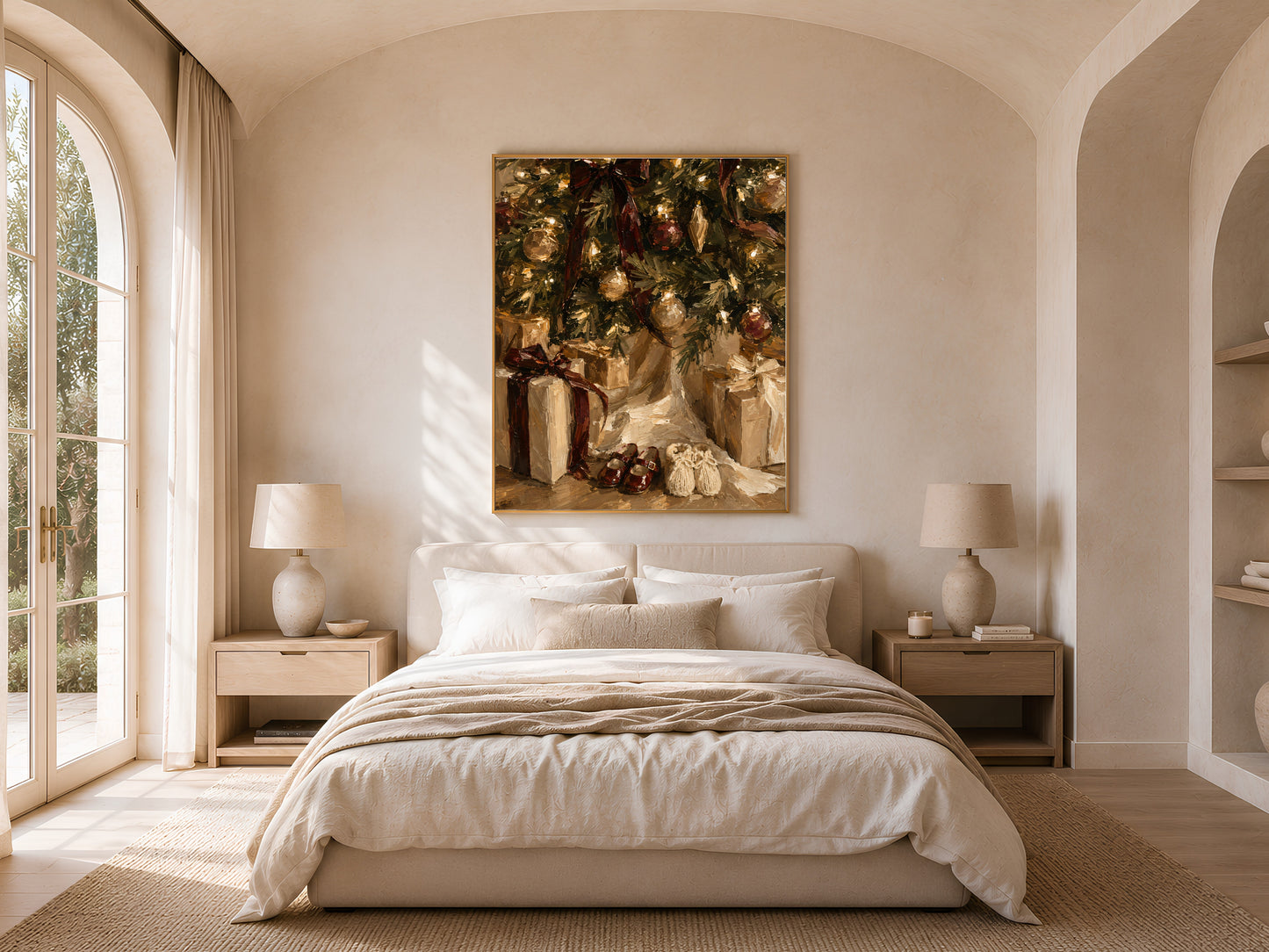 Bedroom with the Christmas morning print above a bed with white linens, framed by arched windows and doubled nightstand lamps