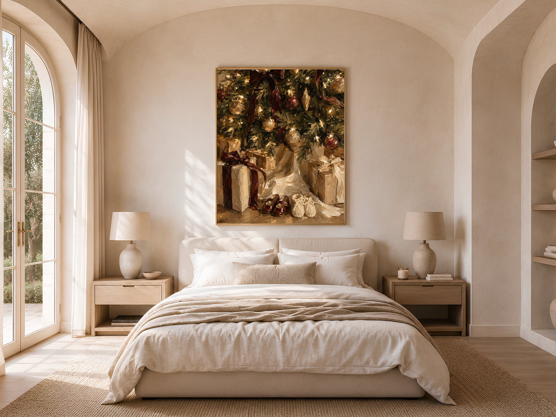 Bedroom with the Christmas morning print above a bed with white linens, framed by arched windows and doubled nightstand lamps