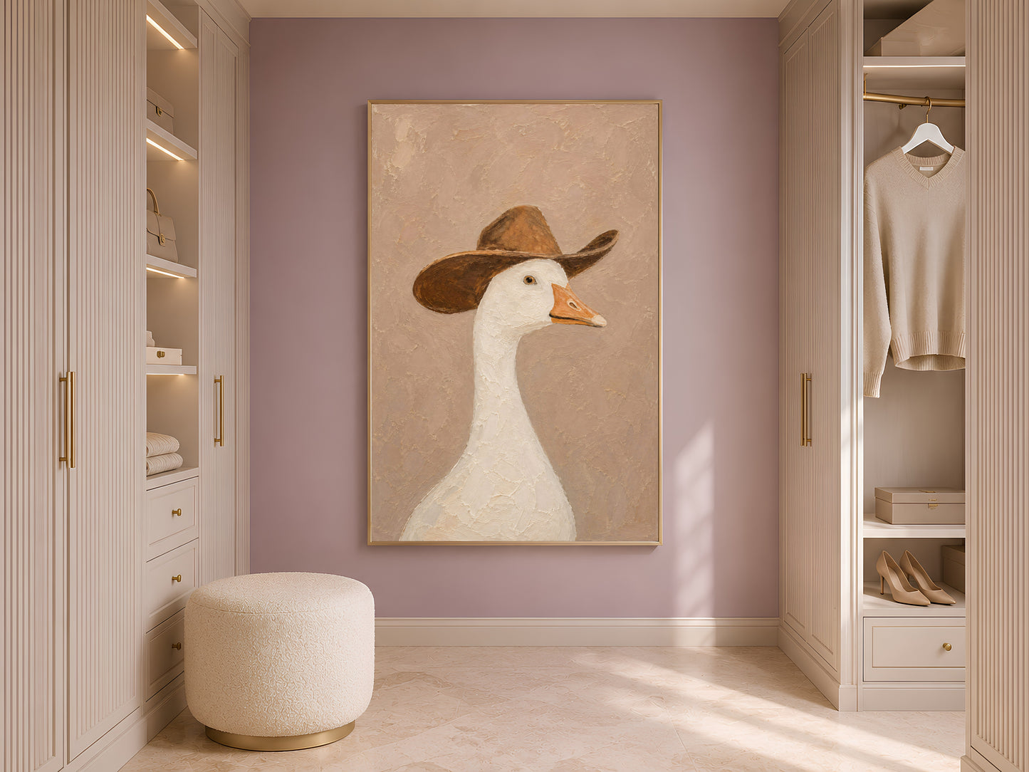 Framed cowboy goose print inside a bright walk-in wardrobe with warm wood cabinetry, white shelving, and a round linen ottoman
