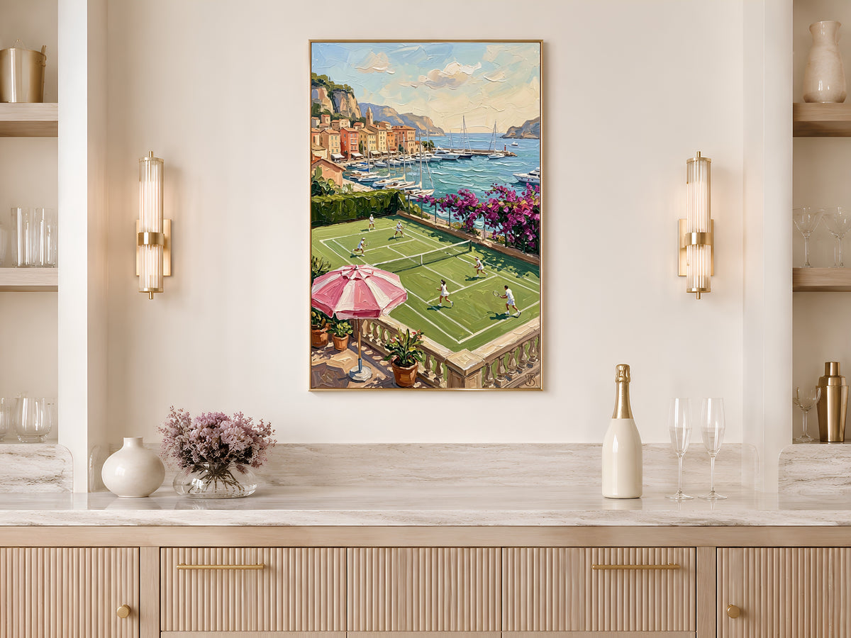 French Riviera Tennis Court Print, Old Money Aesthetic Wall Art - Digital Download