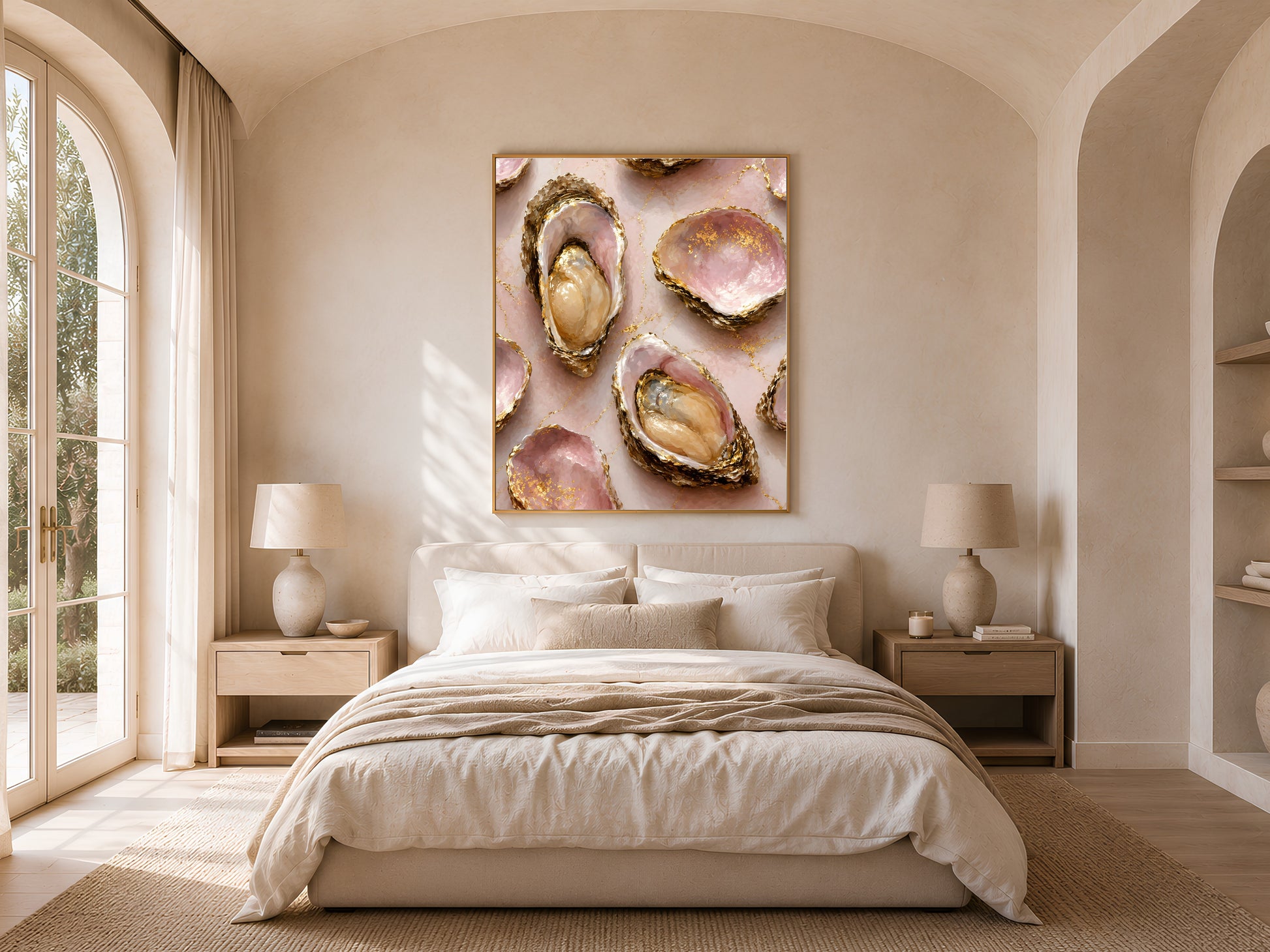 Framed pink oyster shell painting hanging above a bed in a neutral, sunlit bedroom.
