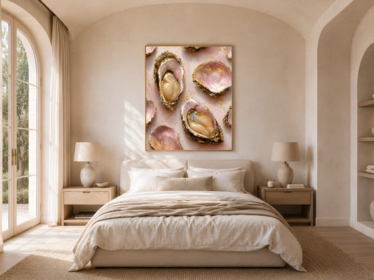 Framed pink oyster shell painting hanging above a bed in a neutral, sunlit bedroom.
