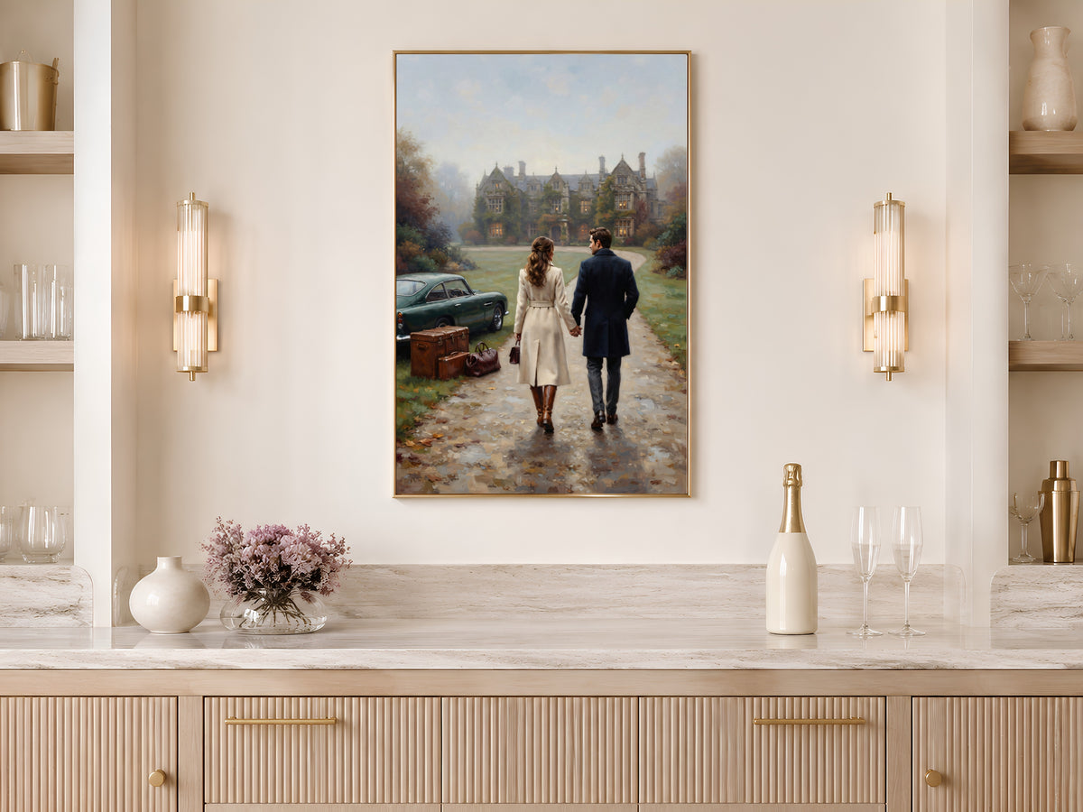 English Manor Estate Wall Art, Autumn Couple Oil Painting Print - Digital Download