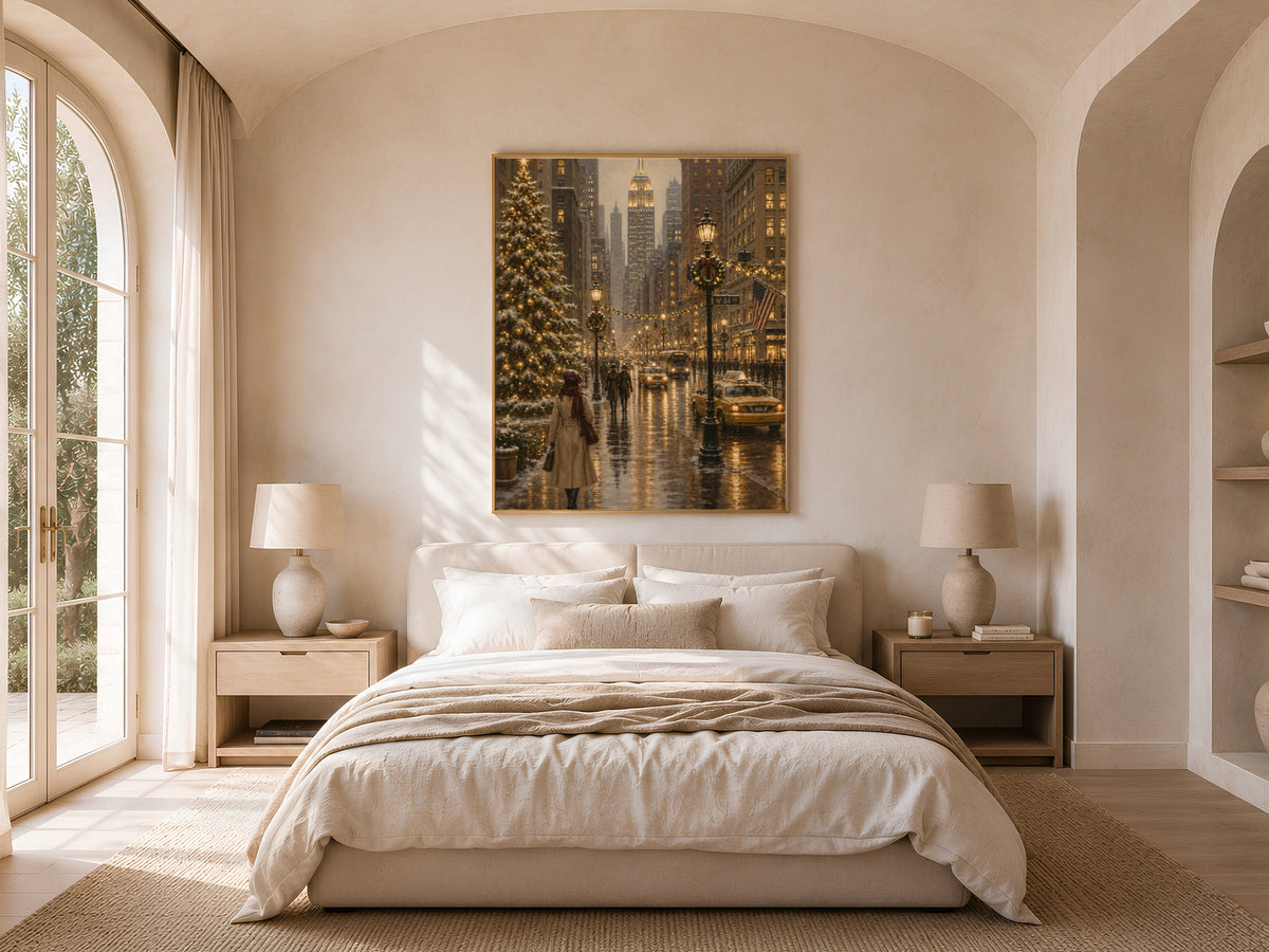 NYC Christmas wall art framed print displayed above bed in warm neutral bedroom