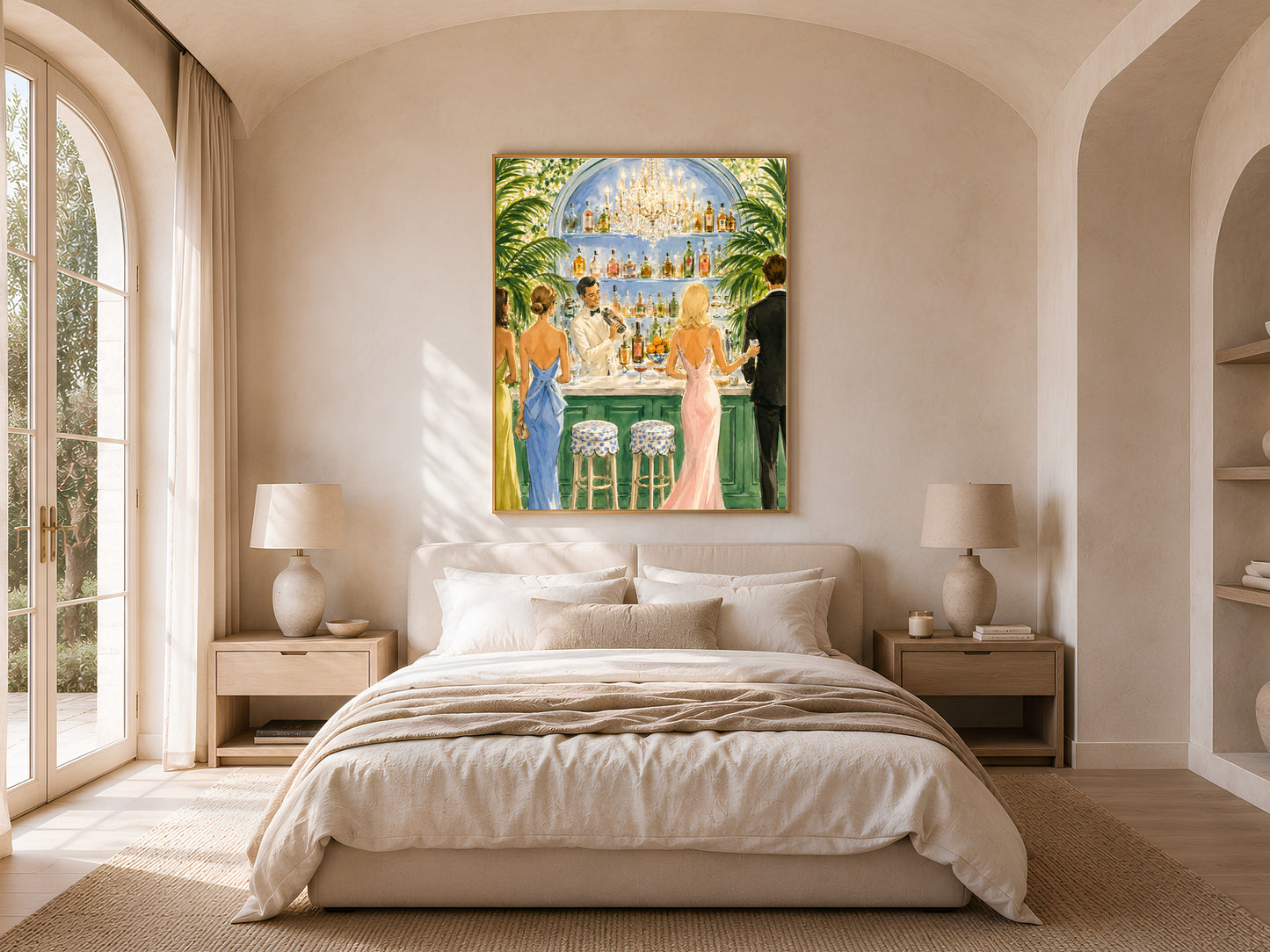 Cocktail party wall art print in a gold frame hanging above a bed in a neutral bedroom.
