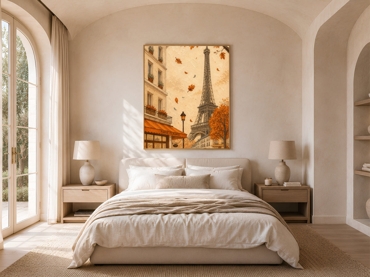 Paris cafe autumn wall art with Eiffel Tower above a neutral bedroom bed
