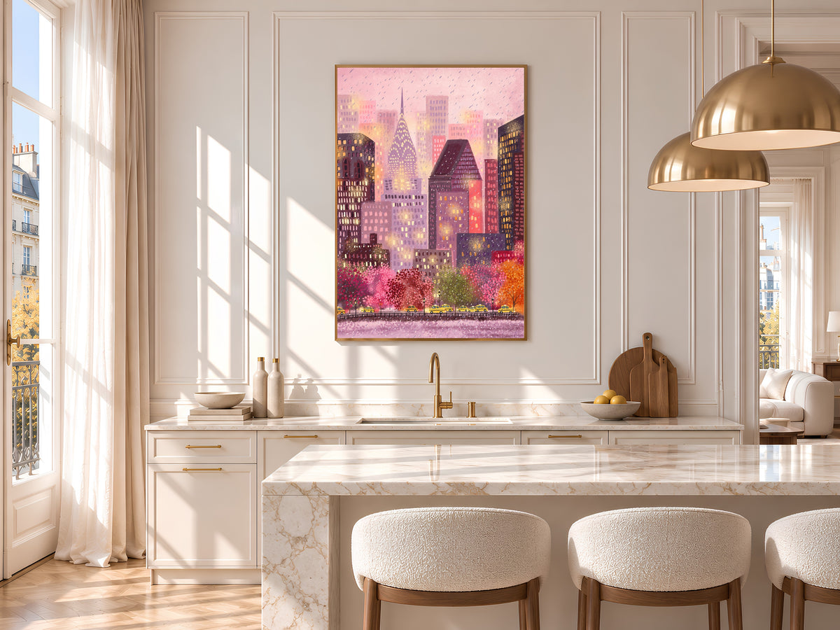 Pink New York City Art Print, Rainy Day NYC Skyline Illustration with Yellow Taxis, Whimsical Gouache Style City Decor, Digital Download
