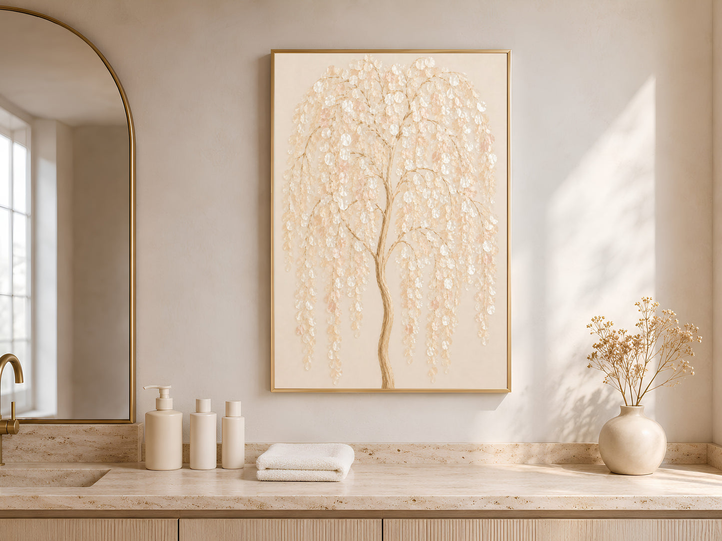 Weeping willow capiz shell wall art framed above a bathroom vanity with natural light
