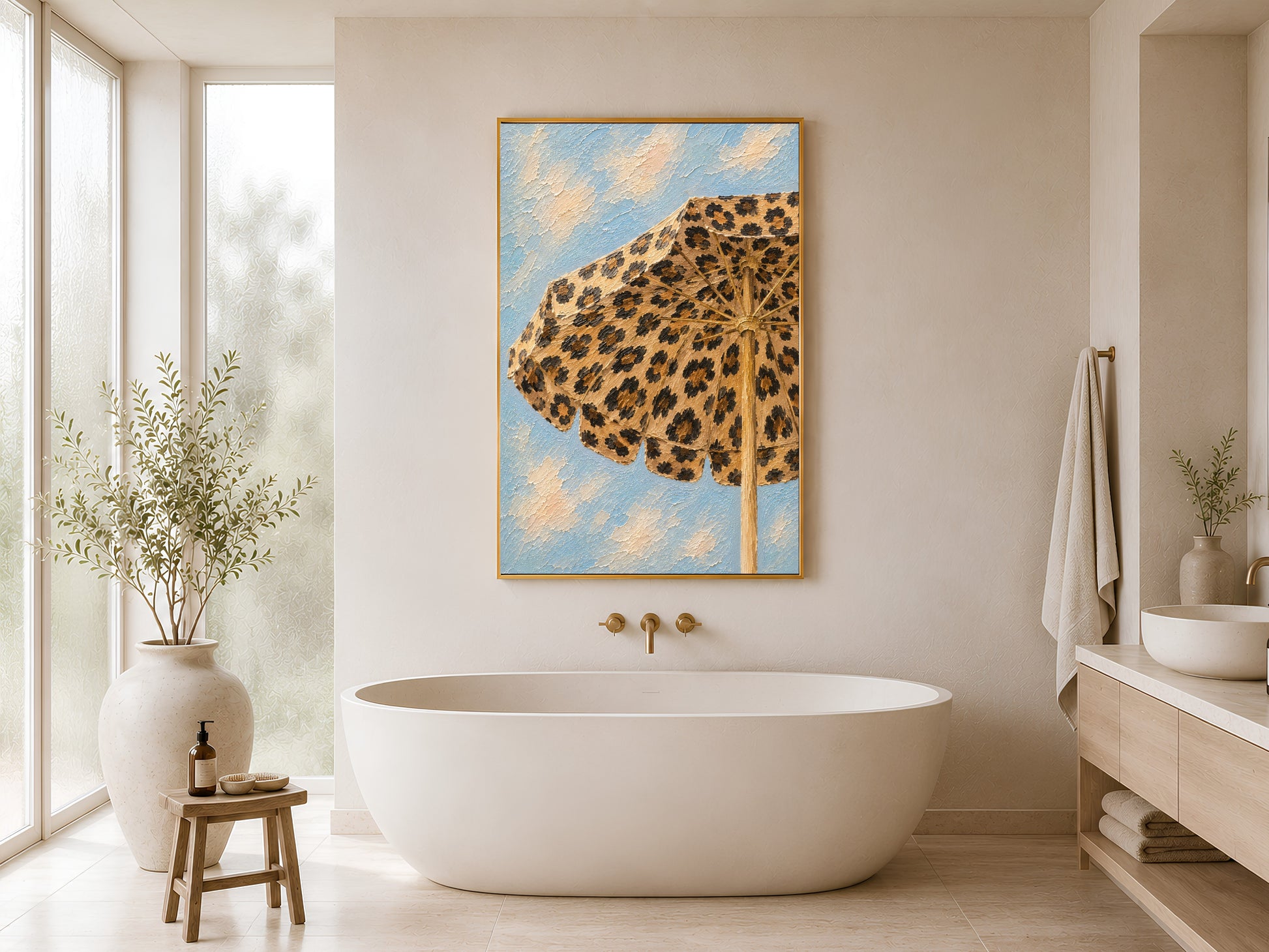 Framed leopard print beach umbrella painting print in a bright minimal bathroom beside a freestanding bathtub, large window and warm natural light
