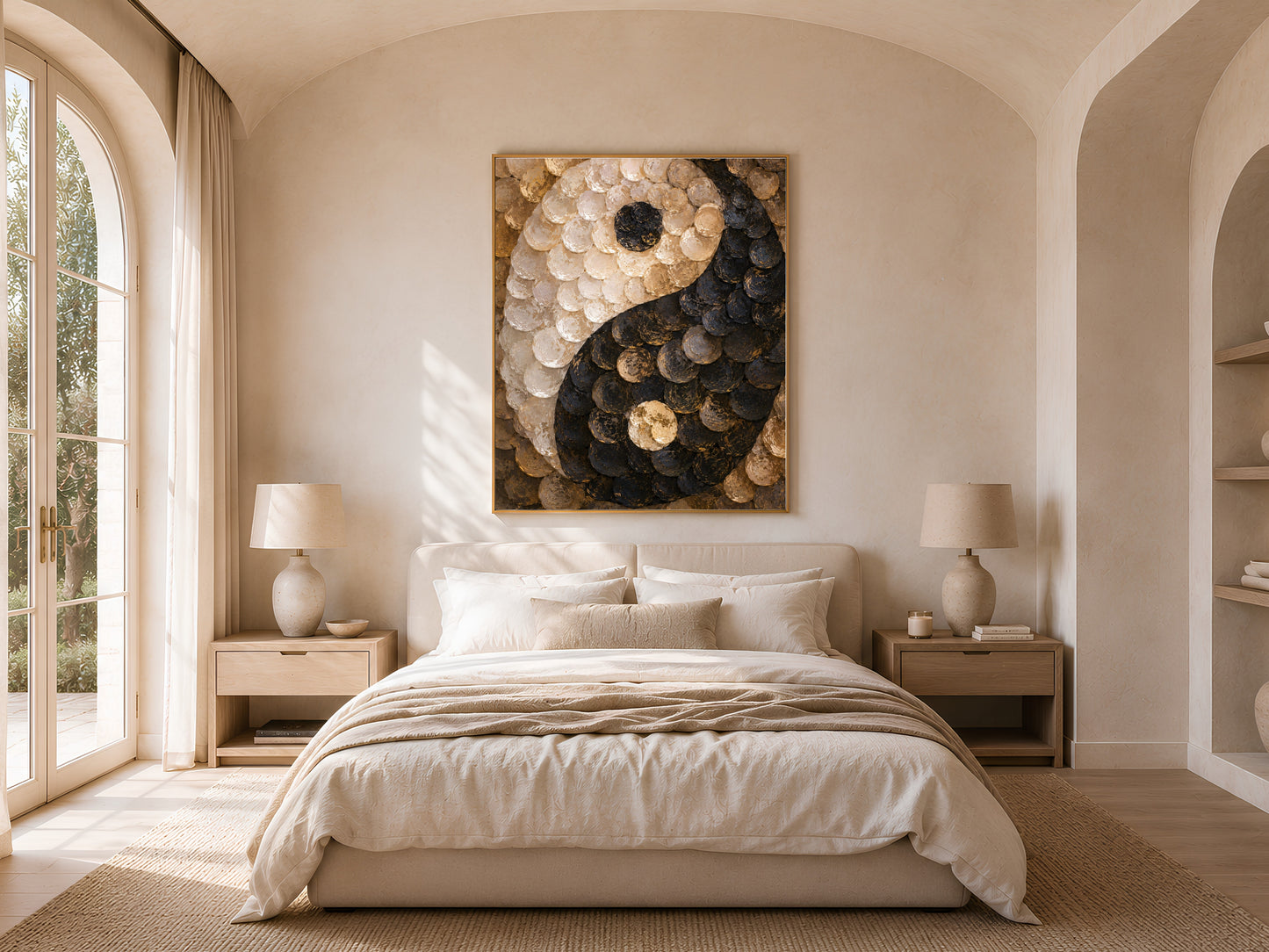 Capiz shell yin yang print above bed in arched cream bedroom
