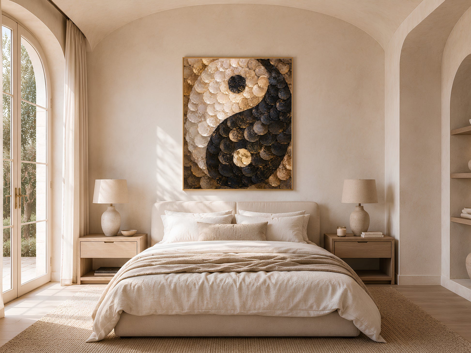 Capiz shell yin yang print above bed in arched cream bedroom
