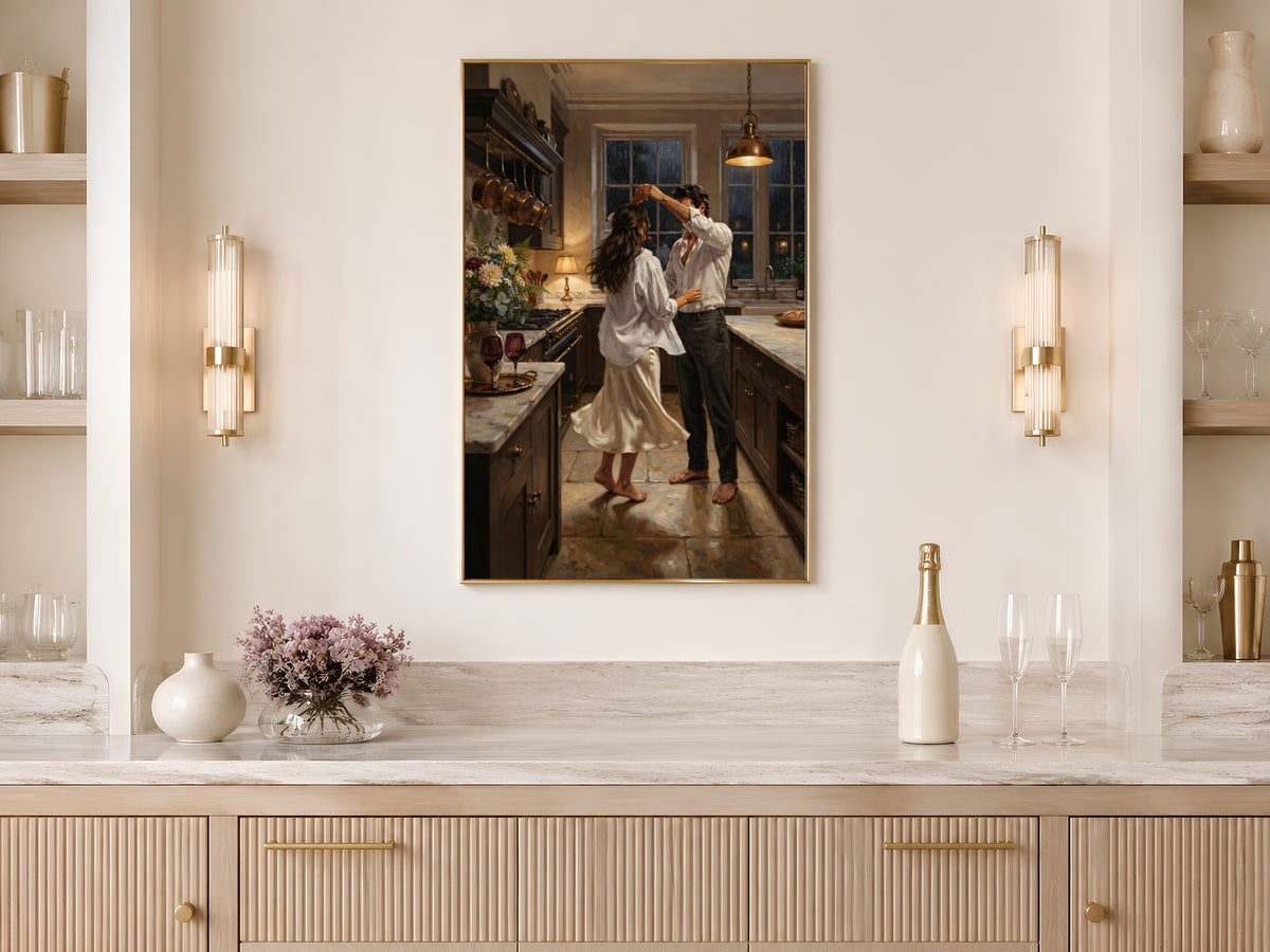 Couple Dancing Kitchen Painting, Romantic Rainy Night Wall Art - Digital Download
