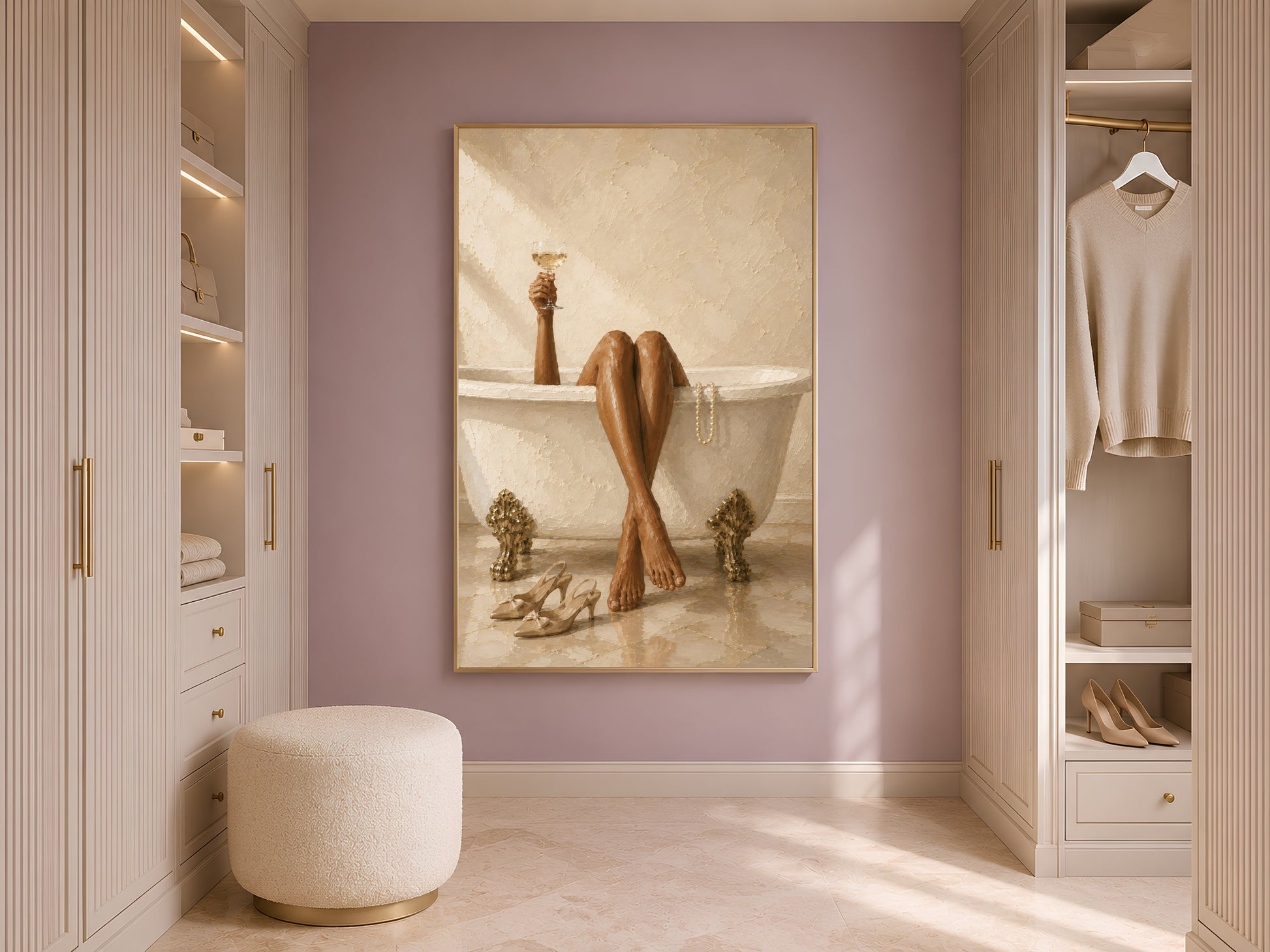 Woman bathtub wall art in a gold frame displayed in a soft lilac walk-in closet with hanging garments, a round cream ottoman, and warm shelving