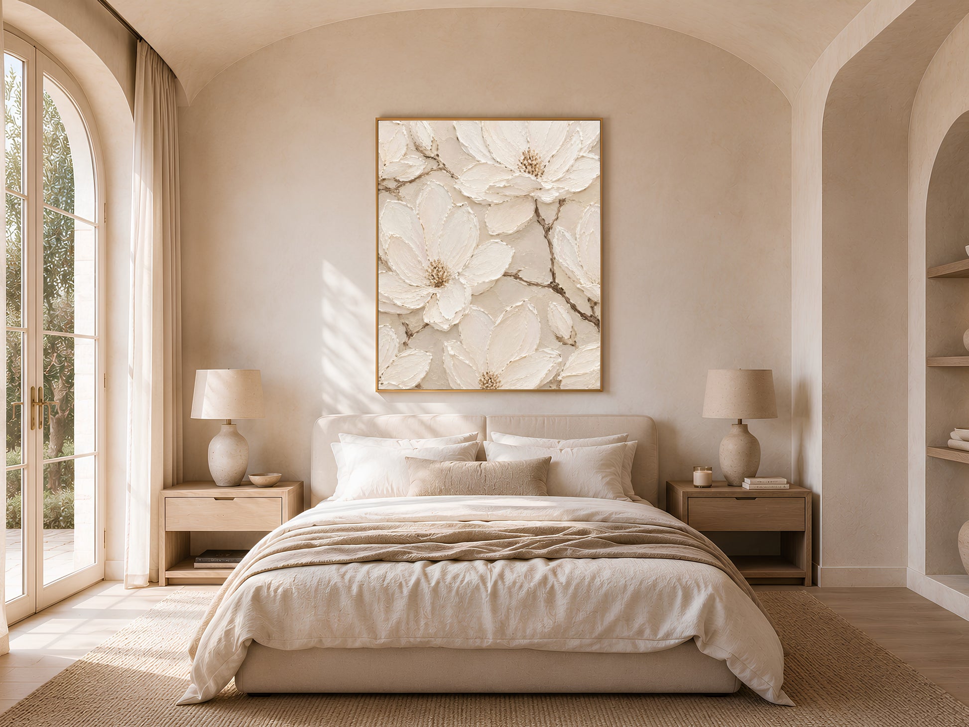Ivory magnolia wall art above bed, wabi-sabi neutral bedroom decor mockup