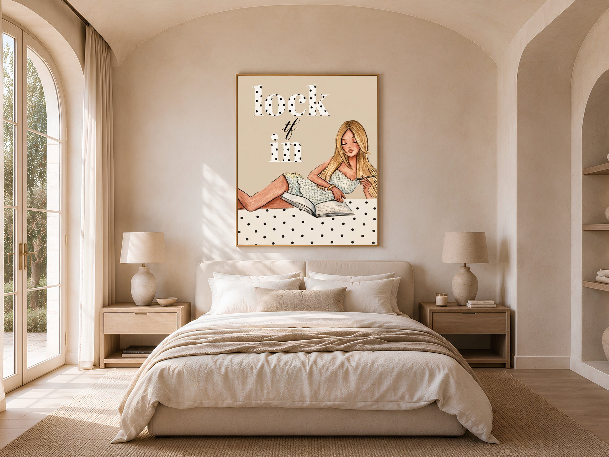 Lock TF In polka dot wall art hung in a sunlit bedroom with arched window, funny preppy study print for dorm decor