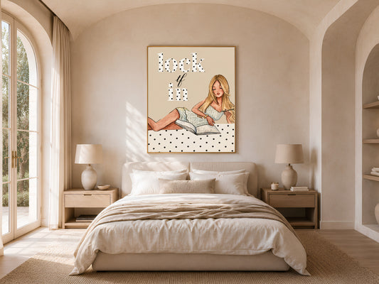 Lock TF In polka dot wall art hung in a sunlit bedroom with arched window, funny preppy study print for dorm decor