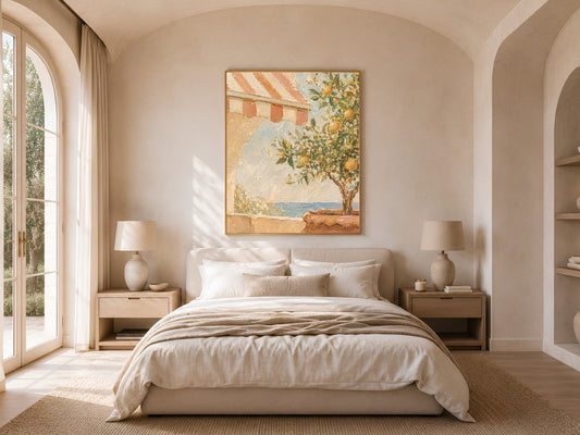Mediterranean lemon tree wall art framed above a bed in a warm neutral bedroom with arched window
