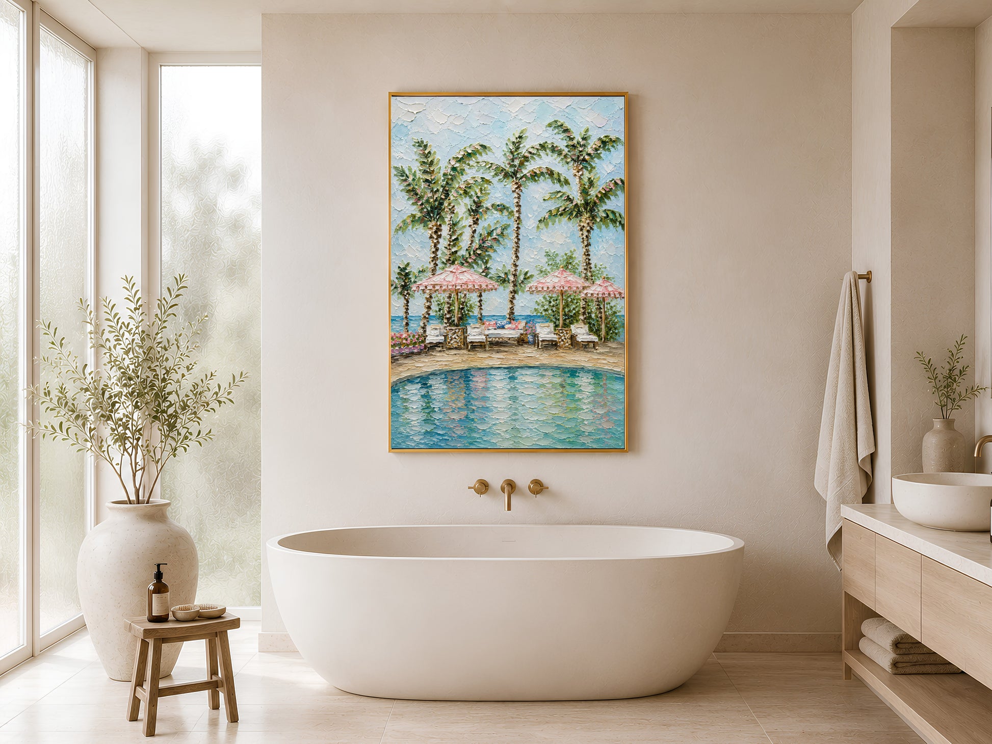Gold-framed tropical cabana pool and palm tree impasto print in a bright minimalist bathroom beside a freestanding white bathtub with gold taps and a round white vase
