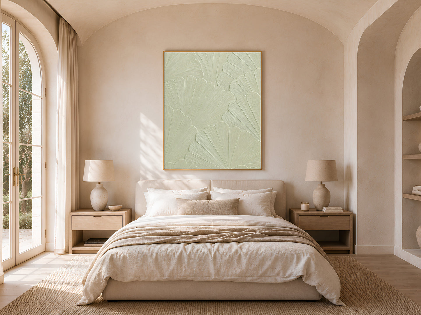 Celadon textured print framed above a bed in a warm neutral bedroom with nightstand lamps
