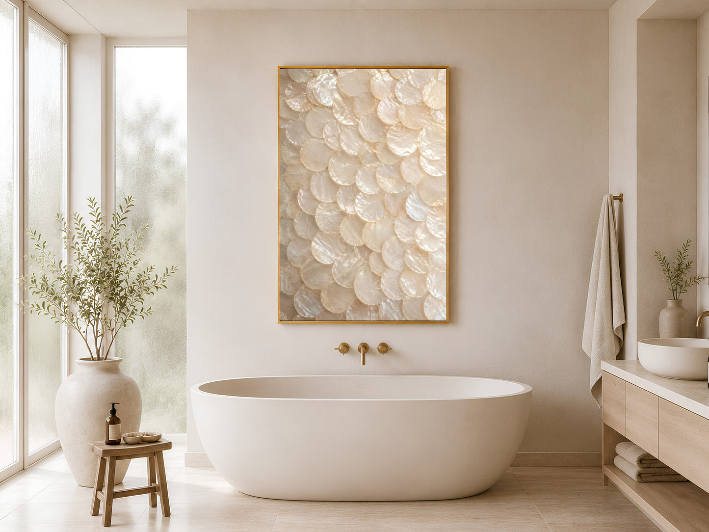 Neutral coastal capiz shell wall art printable hanging above a freestanding bathtub in a calming spa-inspired luxury bathroom interior.