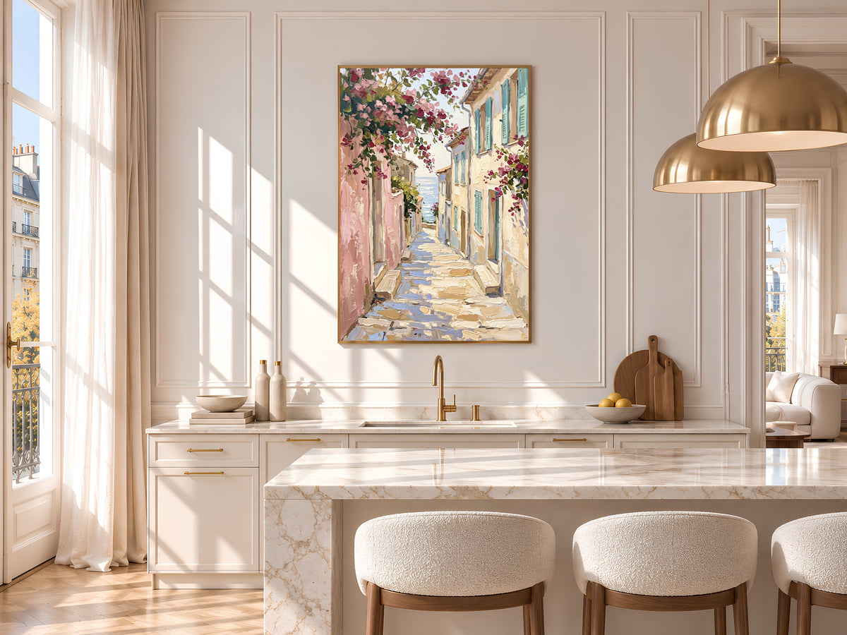Mediterranean Street Painting Print, Pink Bougainvillea Alley with Sea View, Coastal Village Wall Art, Printable Digital Download