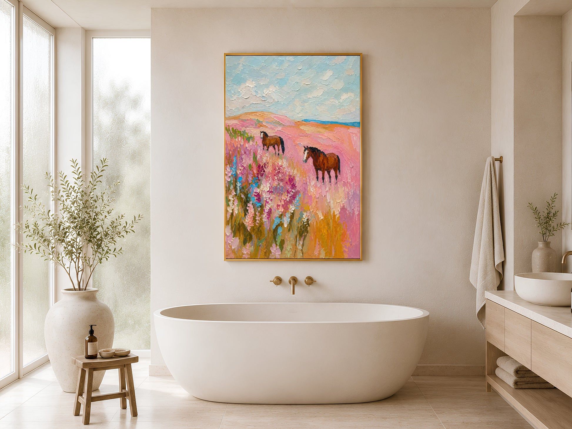 Gold-framed horse in pink floral field wall art beside a freestanding white bathtub with gold taps, olive branch stems, and neutral bathroom shelving
