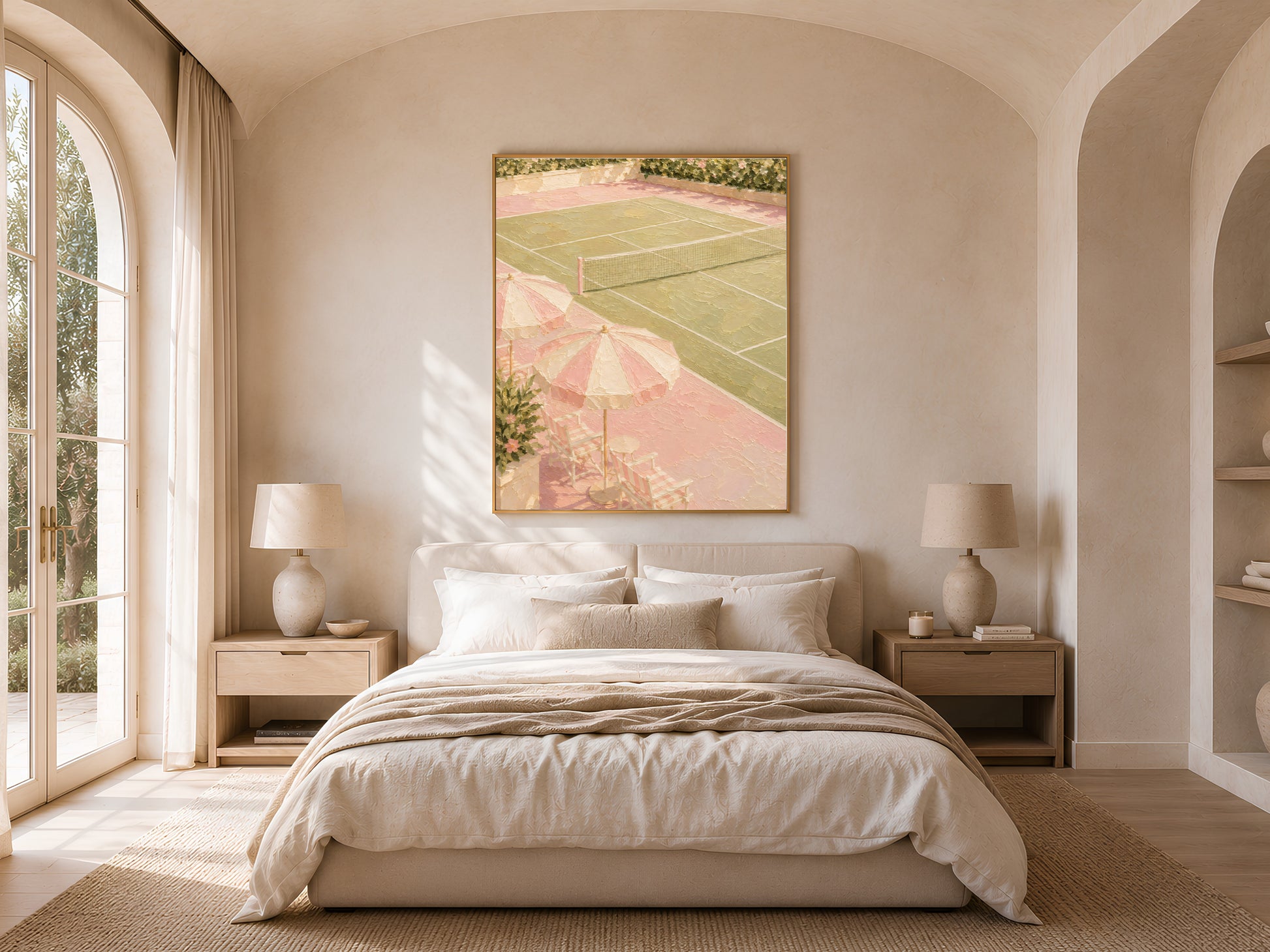Pink tennis court painting print framed above bed in warm neutral bedroom, preppy wall art
