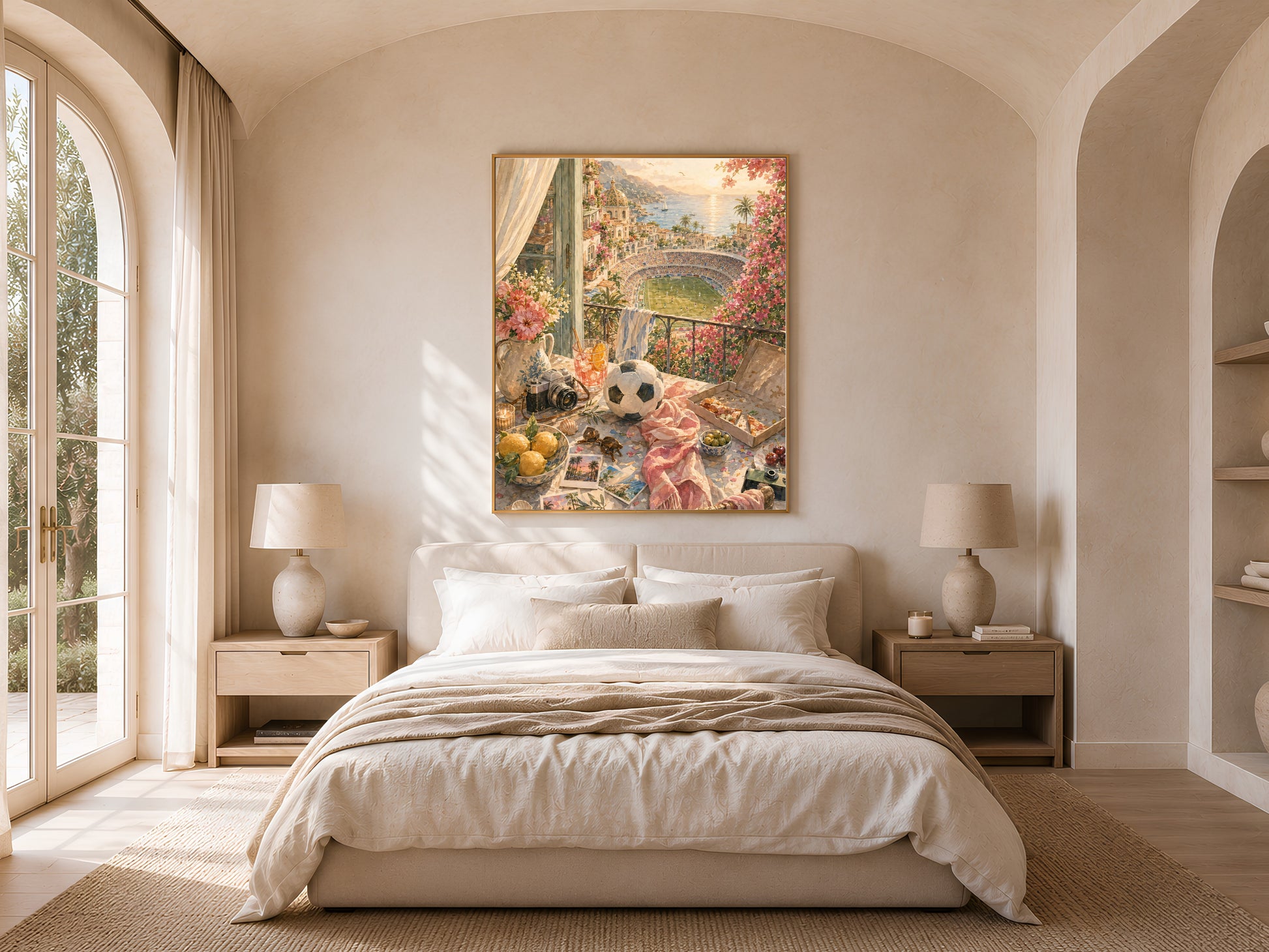 Bedroom interior with arched alcove, neutral linen bedding, and framed Amalfi Coast evening illustration above the bed.
