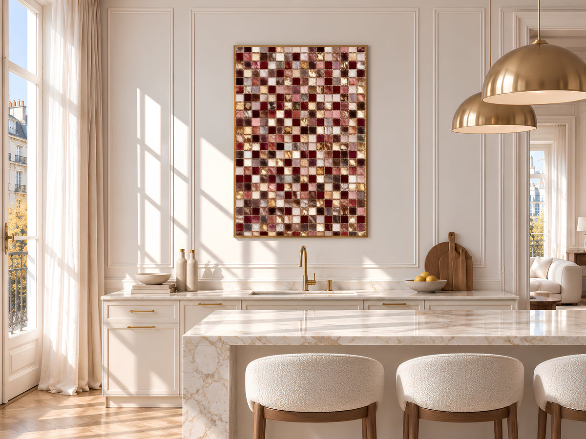 Pink and Burgundy Mosaic Tile Wall Art Print, Dusty Rose, Mauve and Gold Tile Grid Painting, Printable Romantic Decor, Digital Download