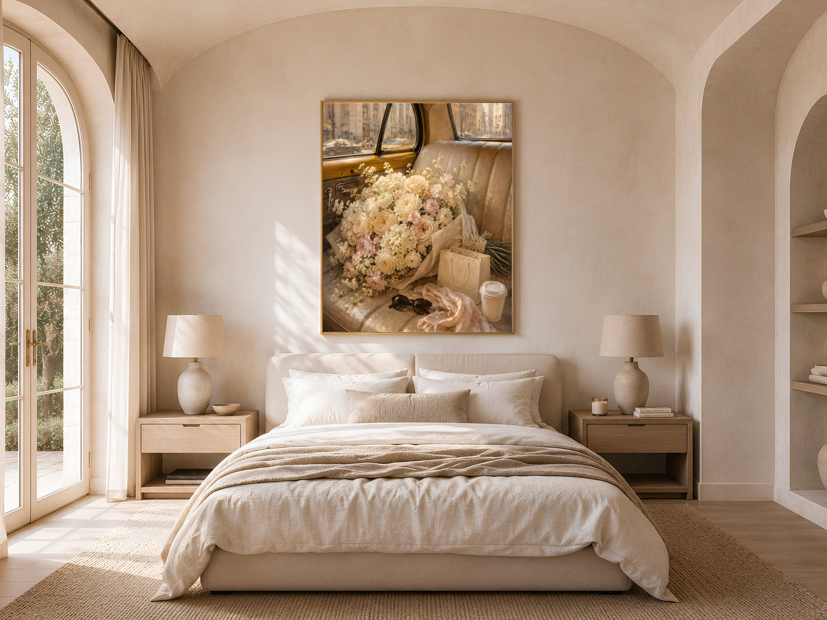 Flower Bouquet Wall Art, Old Money Aesthetic Print, Vintage Taxi Painting - Digital Download
