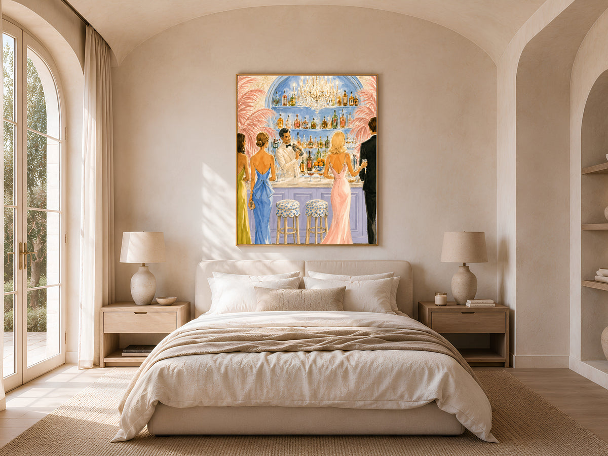 Riviera Cocktail Bar Wall Art, Preppy Pink Watercolor Print - Digital Download