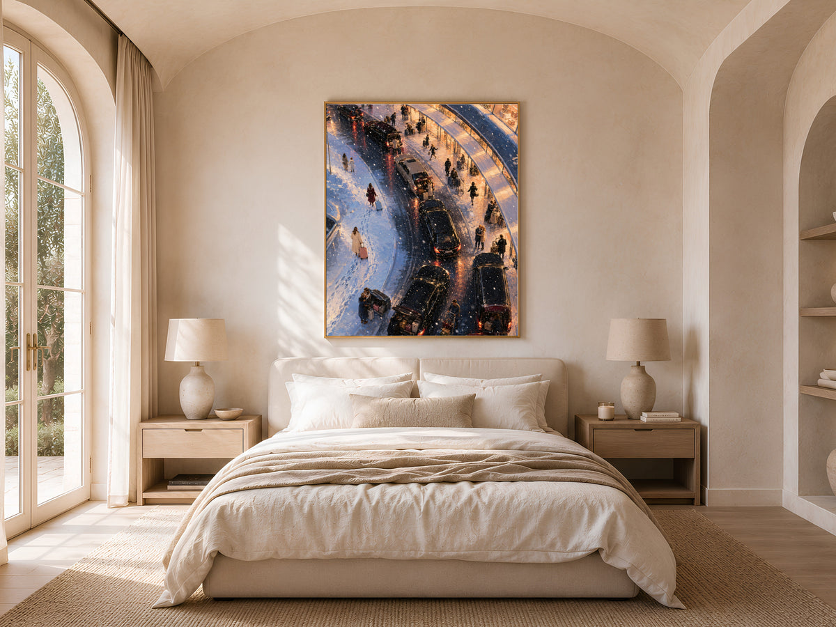 Airport curbside wall art framed above bed in sunlit bedroom with arched window