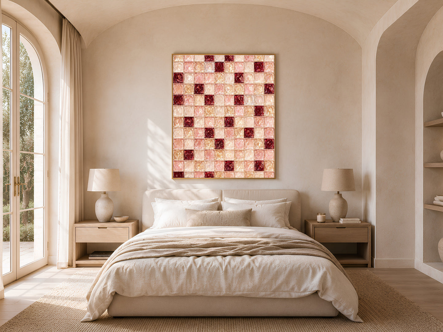Ruby red and blush tile art framed above a bed in a sunlit arched bedroom