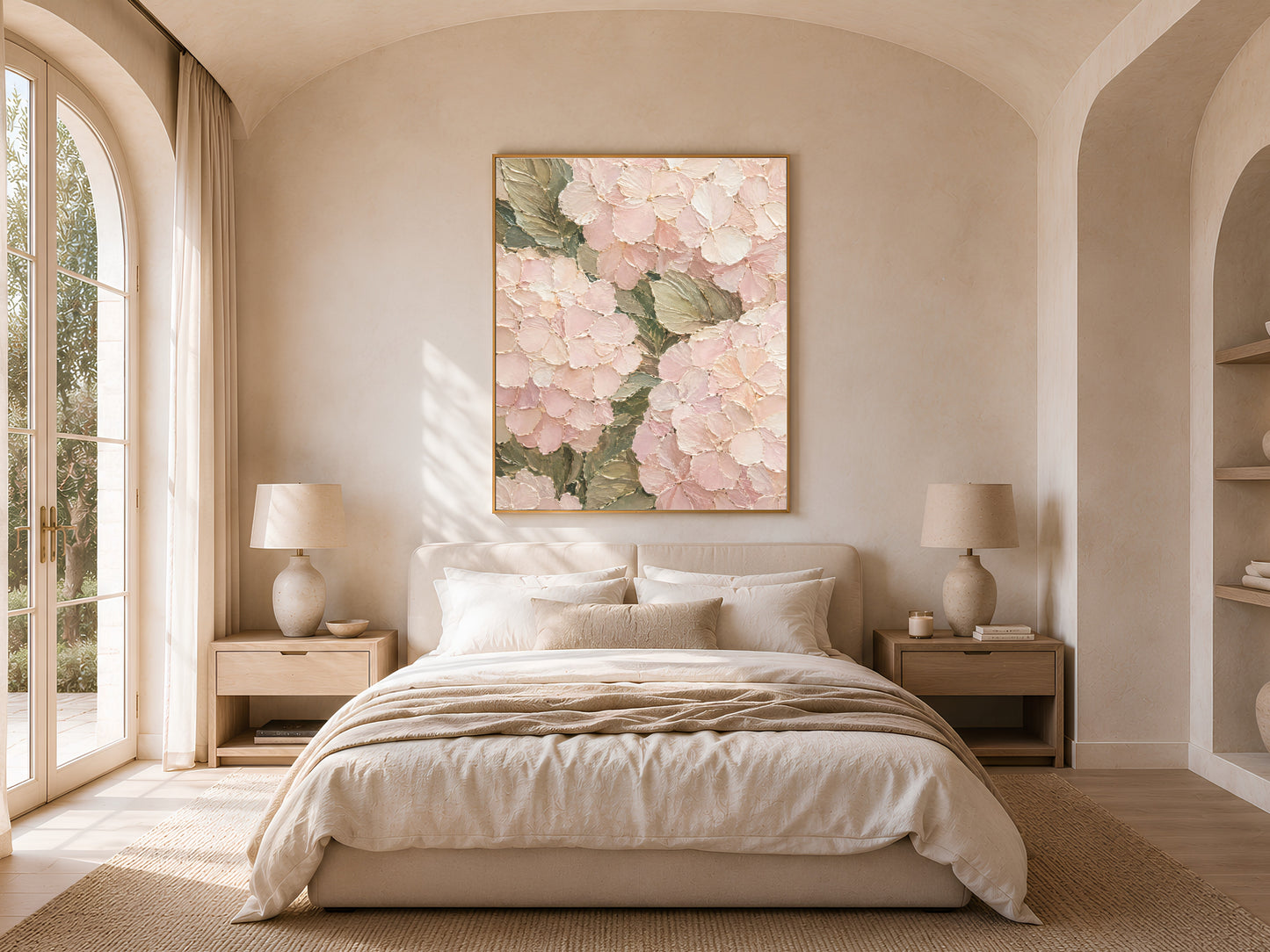 Pink Hydrangea Impasto Print, Sage Green and Blush Pink Wall Art - Digital Download