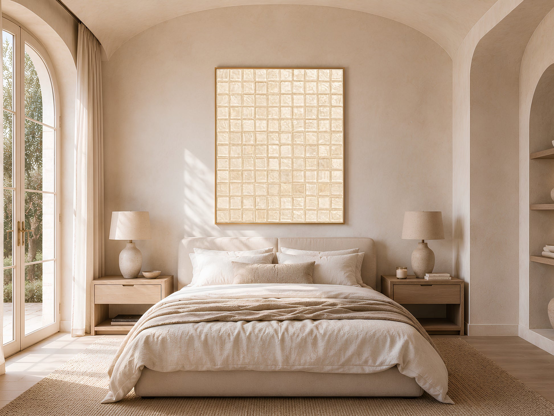 Warm beige mosaic tile wall art in a gold frame above a bed with warm linen bedding and a rattan lamp in a bright minimal bedroom with arched windows
