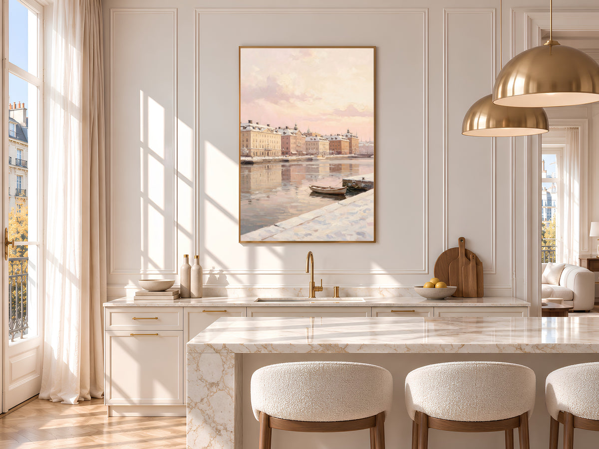 Snowy Winter City Painting Print, Pastel European Waterfront Art, Soft Pink Winter Wall Art, Printable Digital Download