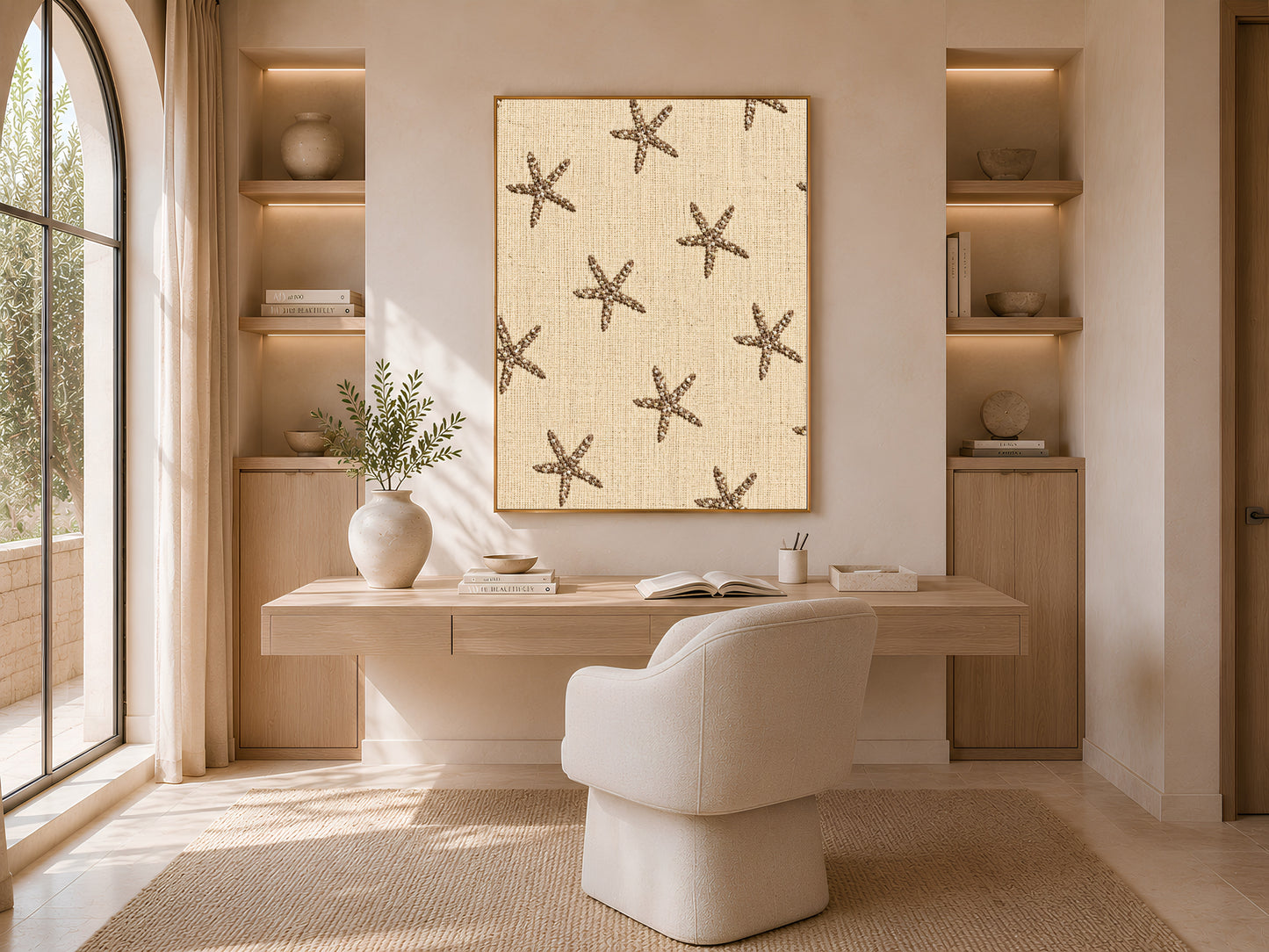 Embroidered starfish wall art framed above a desk in a sunlit home office nook