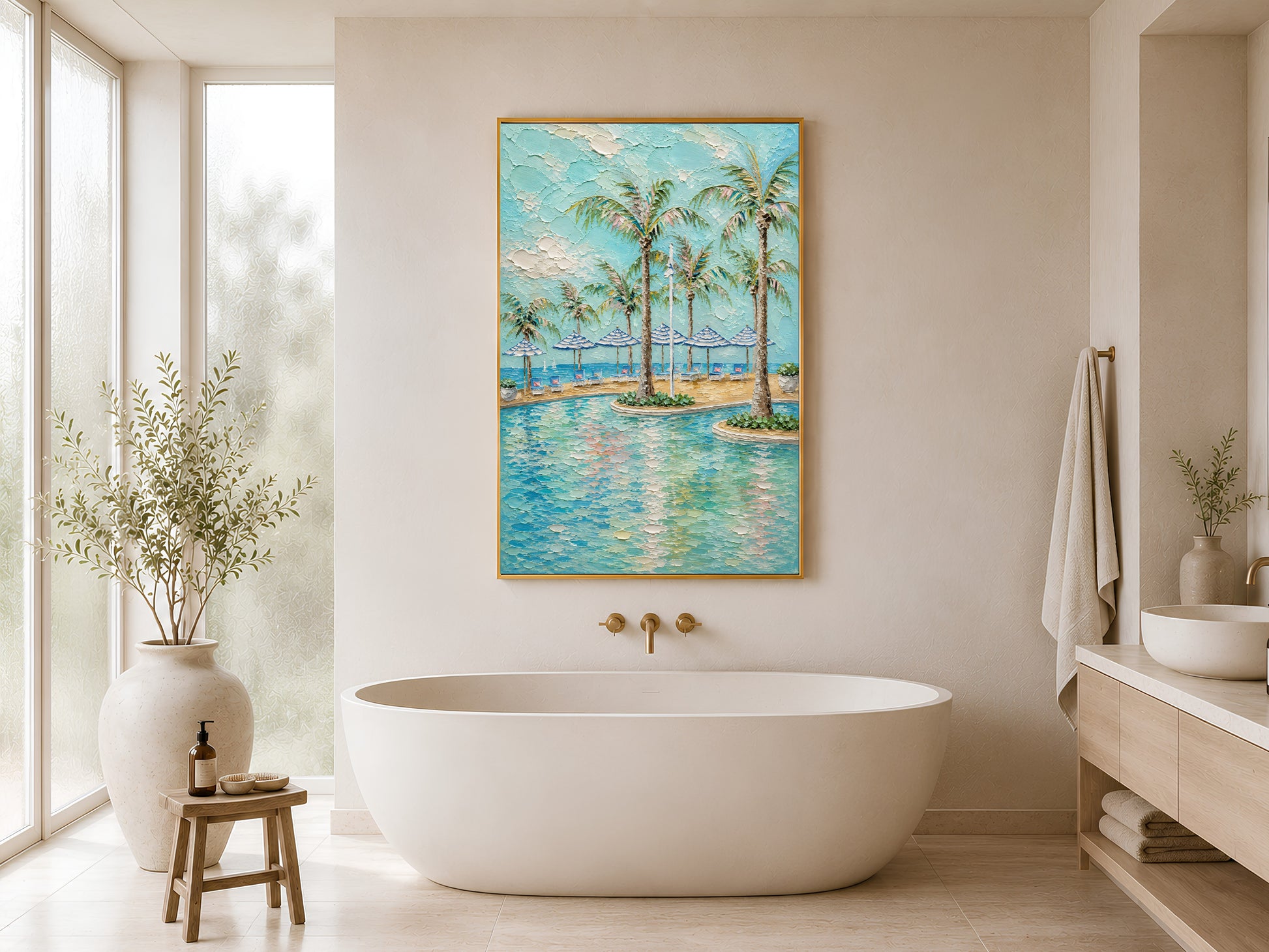 Gold-framed turquoise tropical pool and palm tree impasto print in a bright minimalist bathroom beside a freestanding white bathtub with gold taps and dried stem arrangement
