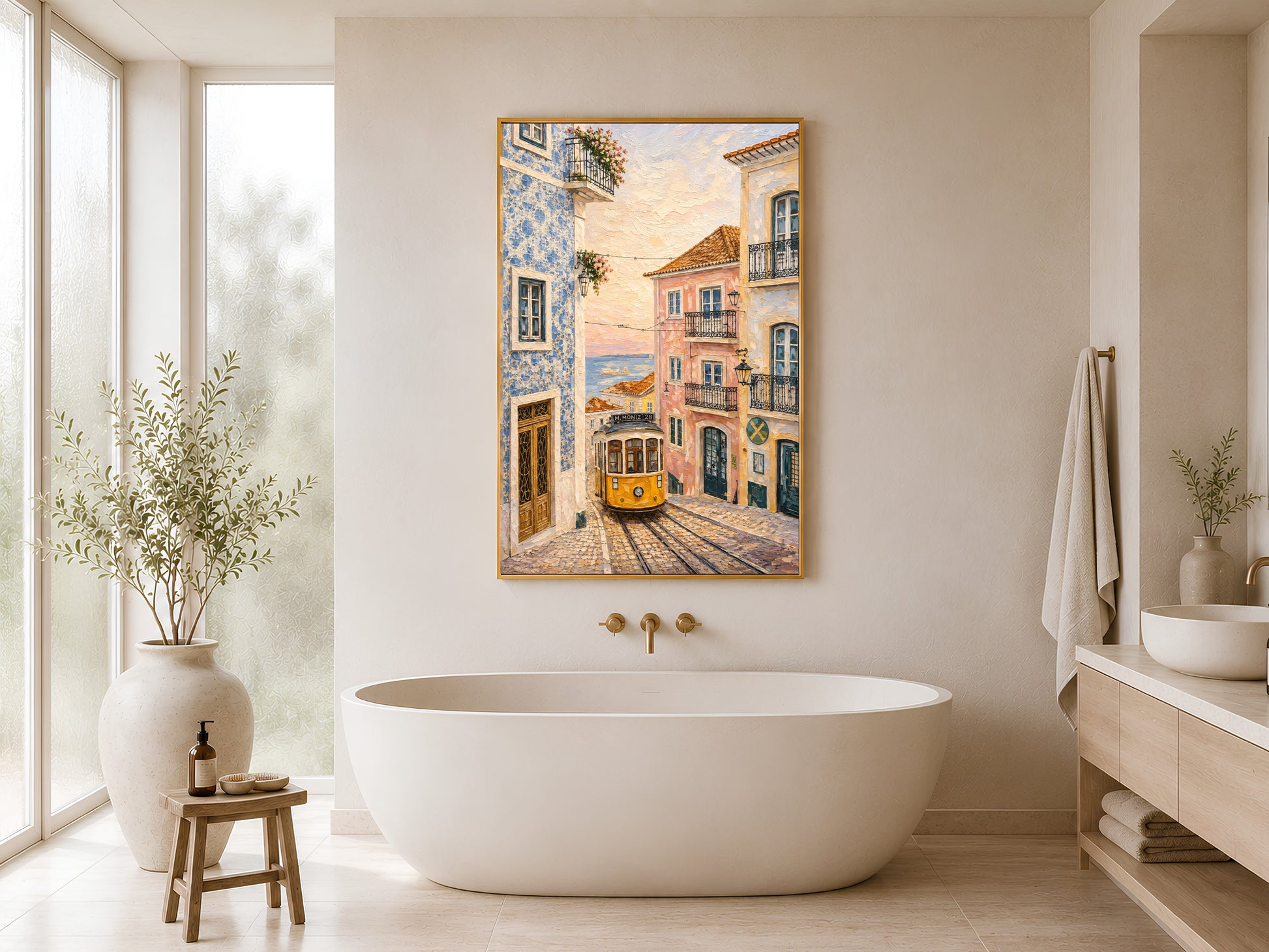 Portugal coastal wall art printable displayed above a freestanding bathtub in a calming spa-inspired Mediterranean bathroom interior.