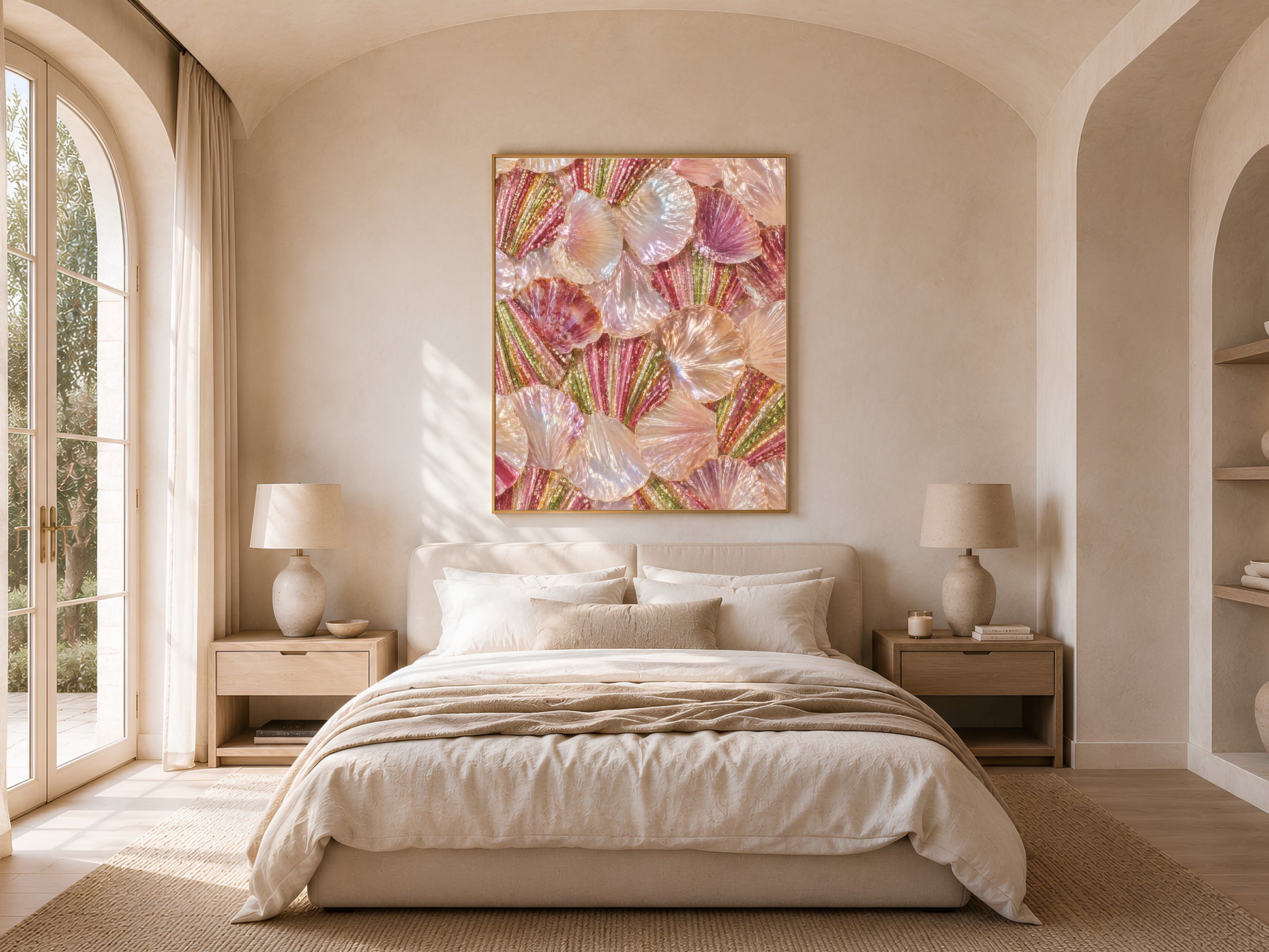 Iridescent shell wall art hung in a sunlit bedroom with arched window, pearlescent seashell painting for coastal bedroom decor