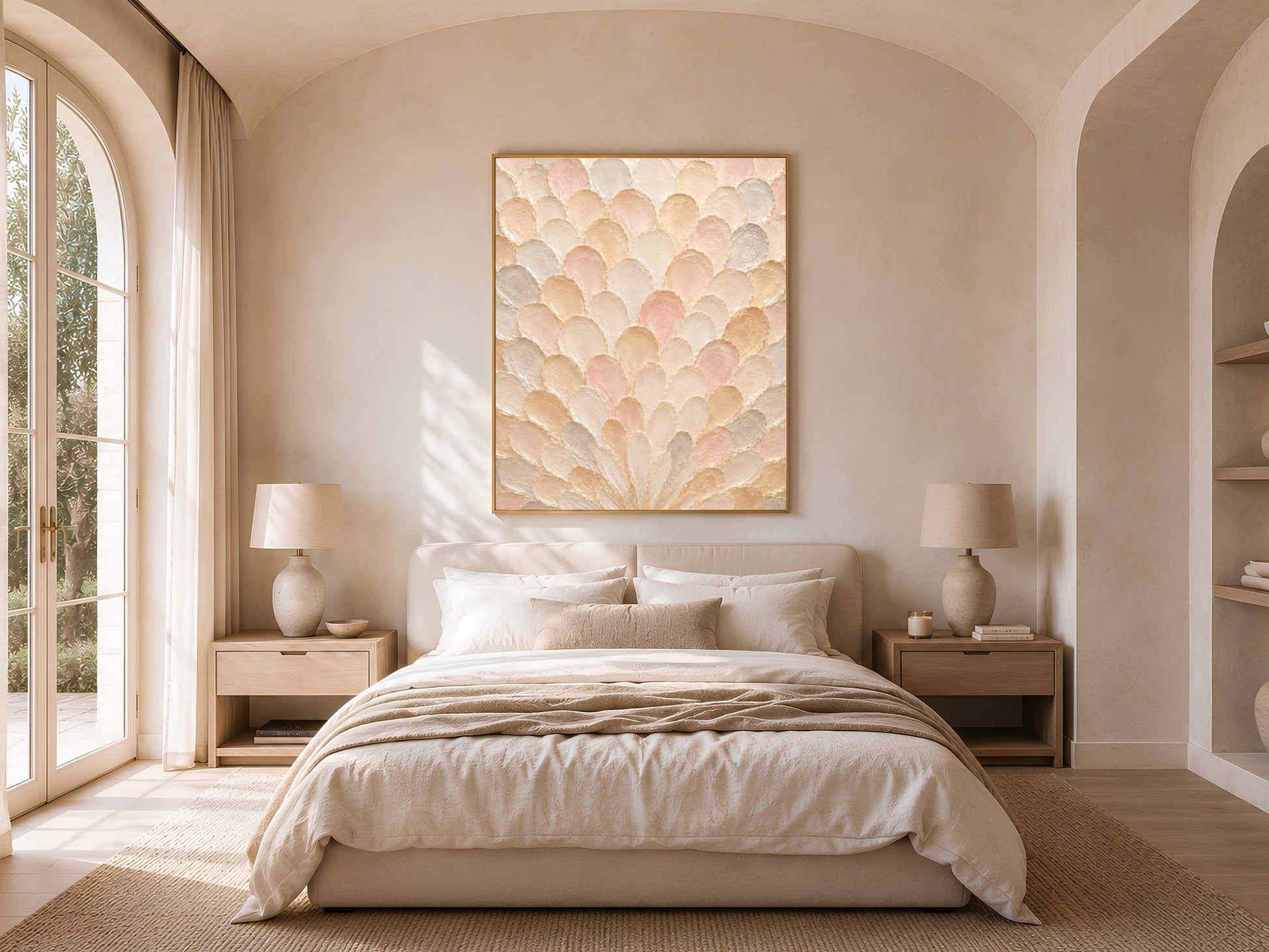 Framed sunburst capiz shell wall art above a neutral bedroom bed with arched windows