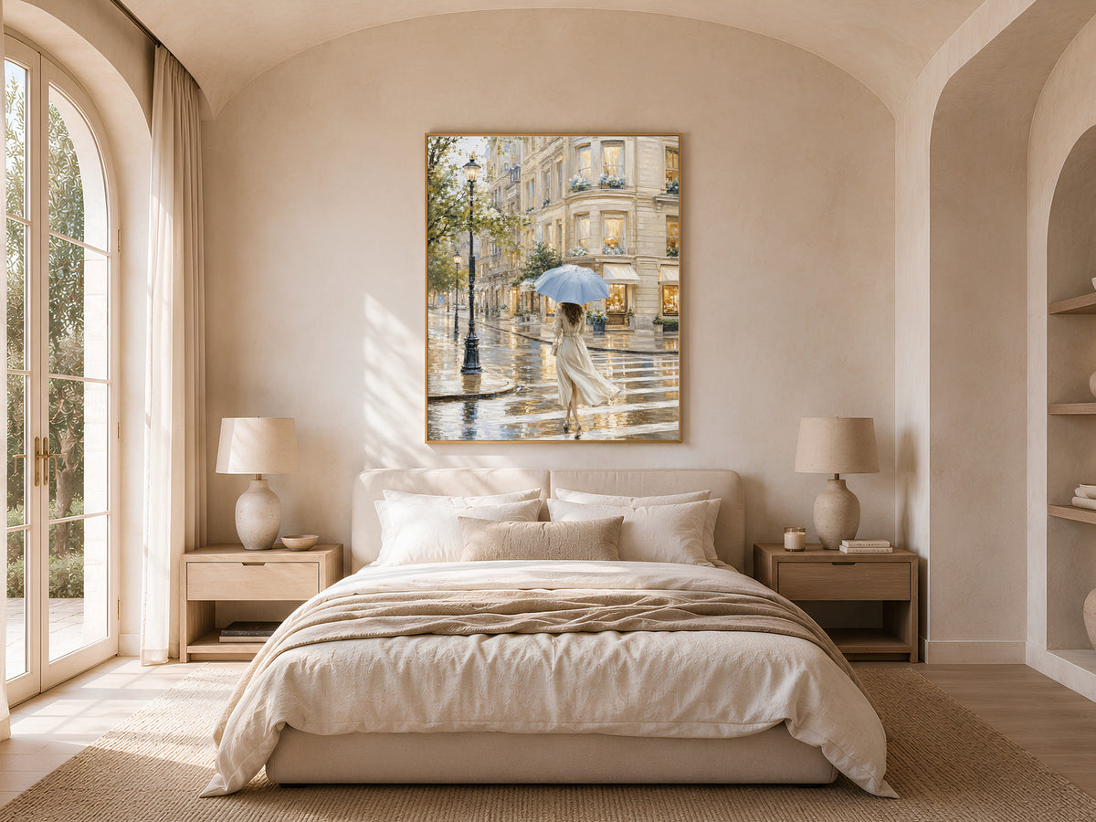 Woman With Umbrella Print, Rainy European Street Painting - Digital Download