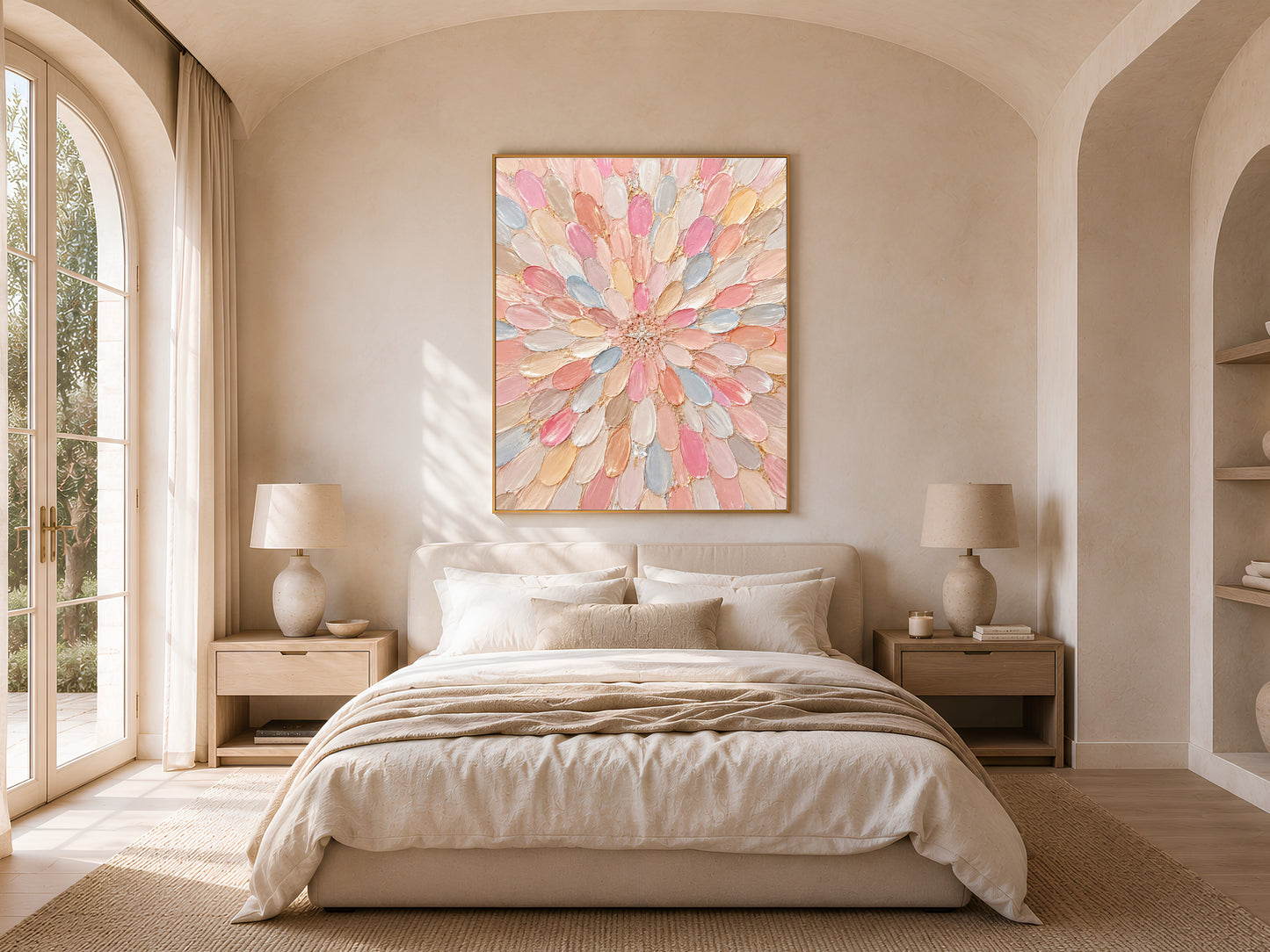 Pastel dahlia wall art above a neutral bed, framed in gold, in a sunlit bedroom with tall arched glass doors.
