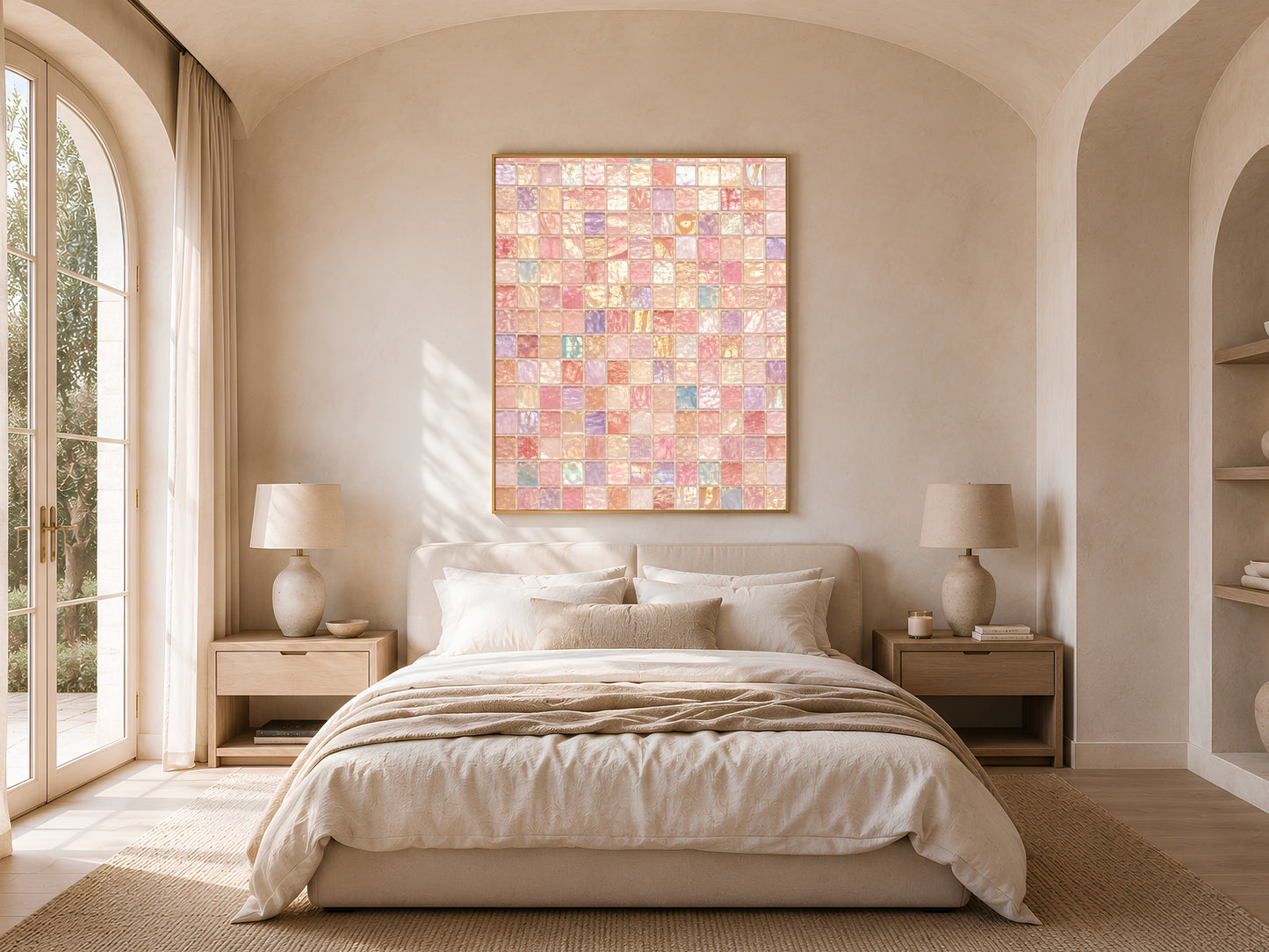 Iridescent mosaic wall art above bed, pink dopamine decor bedroom mockup